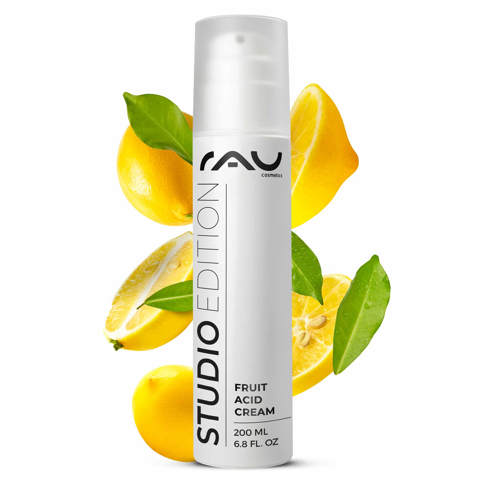 Fruit Acid Cream 200 ml BHA Crème aux acides de fruits RAU Cosmetics Fruchtsäurecreme, 200-ml-Verpackung mit Zitronenscheiben und grünen Blättern, die die Peeling-Eigenschaften und die Vorteile für die Hautpflege hervorheben.