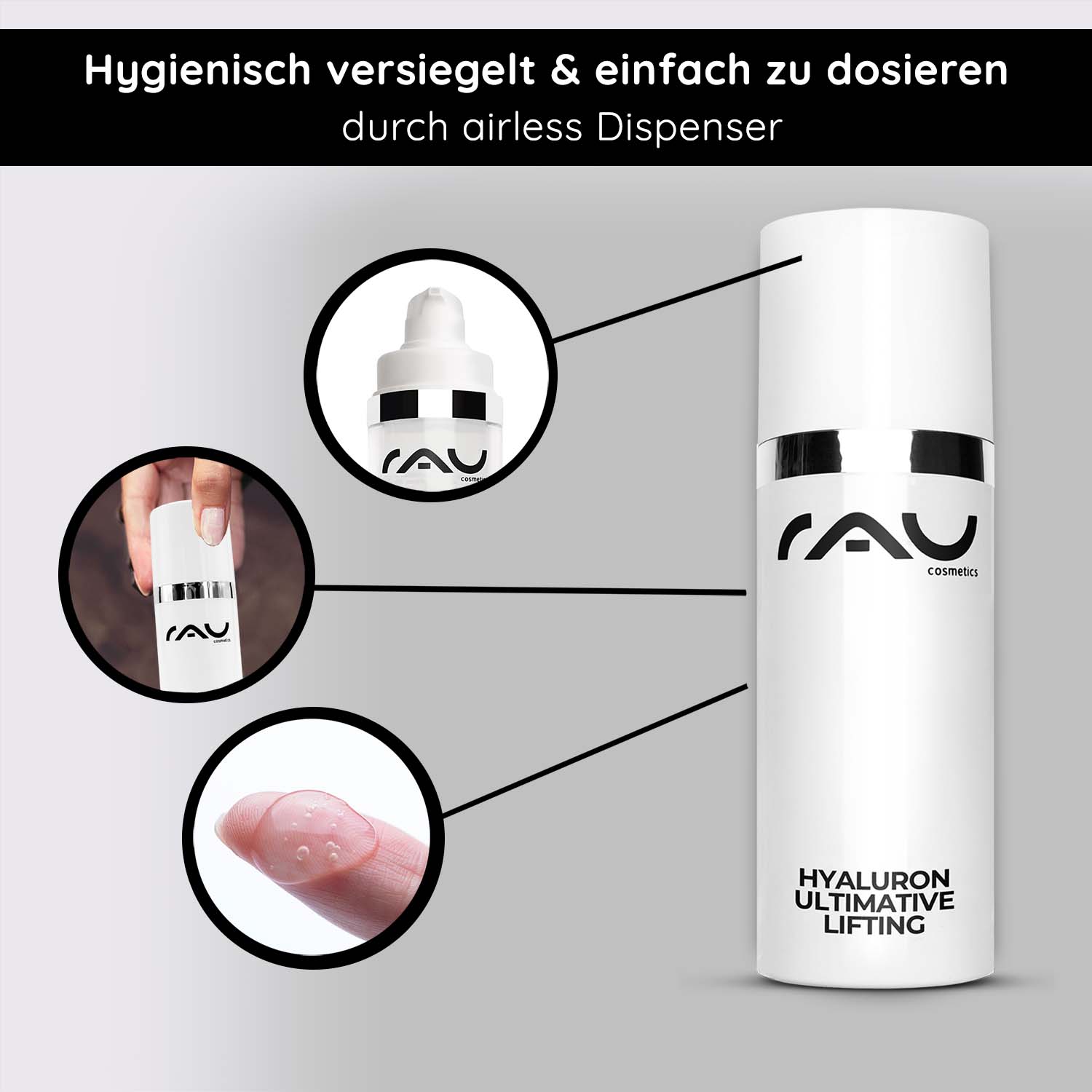 Hyaluron Ultimate Lifting 50 ml Gel lifting à l'acide hyaluronique Hyaluron Ultimative Lifting Serum im Airless-Spender mit hygienischer Versiegelung, einfacher Dosierung und gelartiger Textur, entwickelt für feuchtigkeitsspendende und Anti-Aging-Vorteile bei trockener Haut.