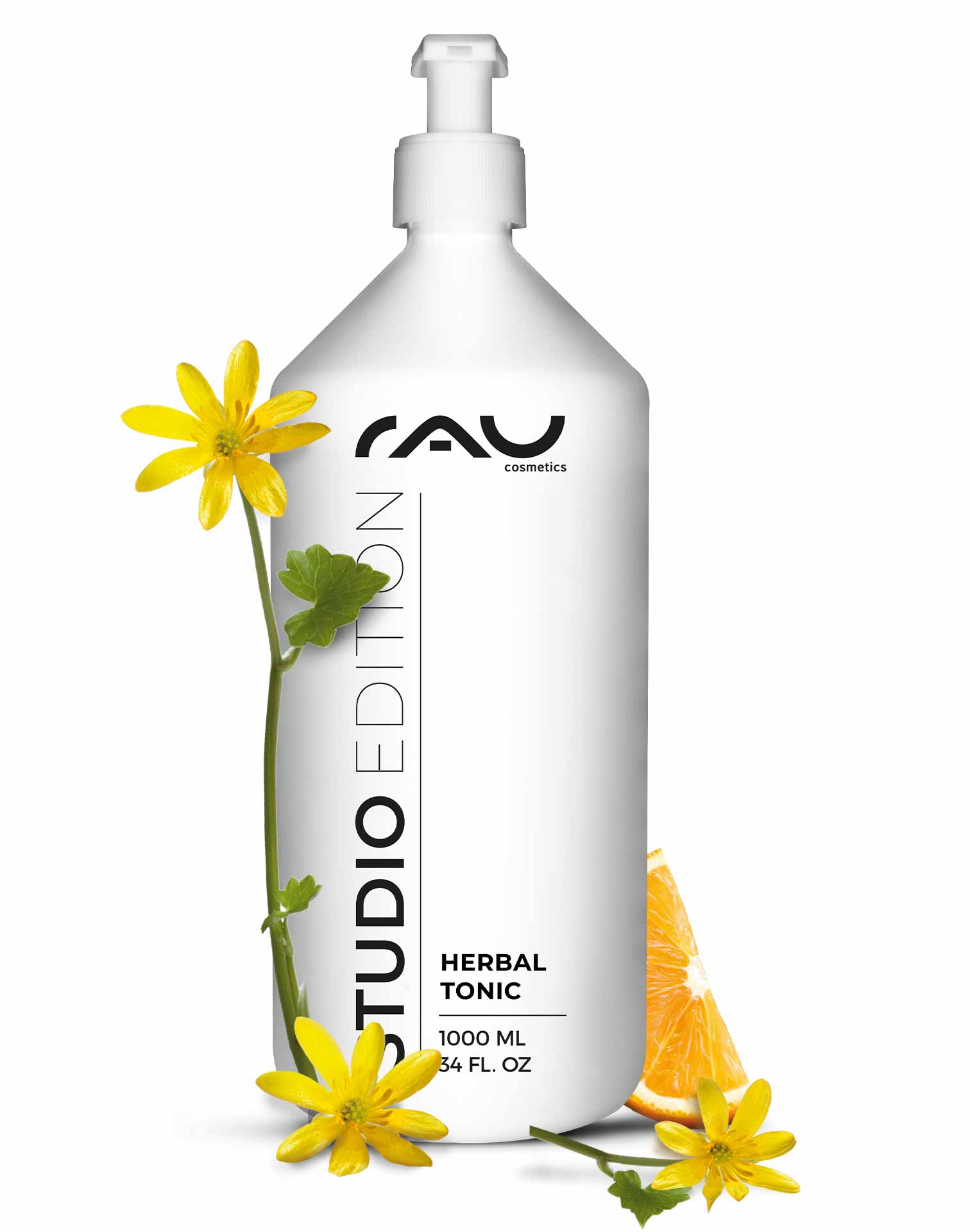 Beyond Herbal Tonic 1000 ml Gesichtswasser Natur RAU Cosmetics Beyond Herbal Tonic 1000 ml Flasche mit Pumpe, mit gelben Blüten und Orangenscheibe, betont alkoholfreie, sanfte Reinigung für empfindliche Haut.
