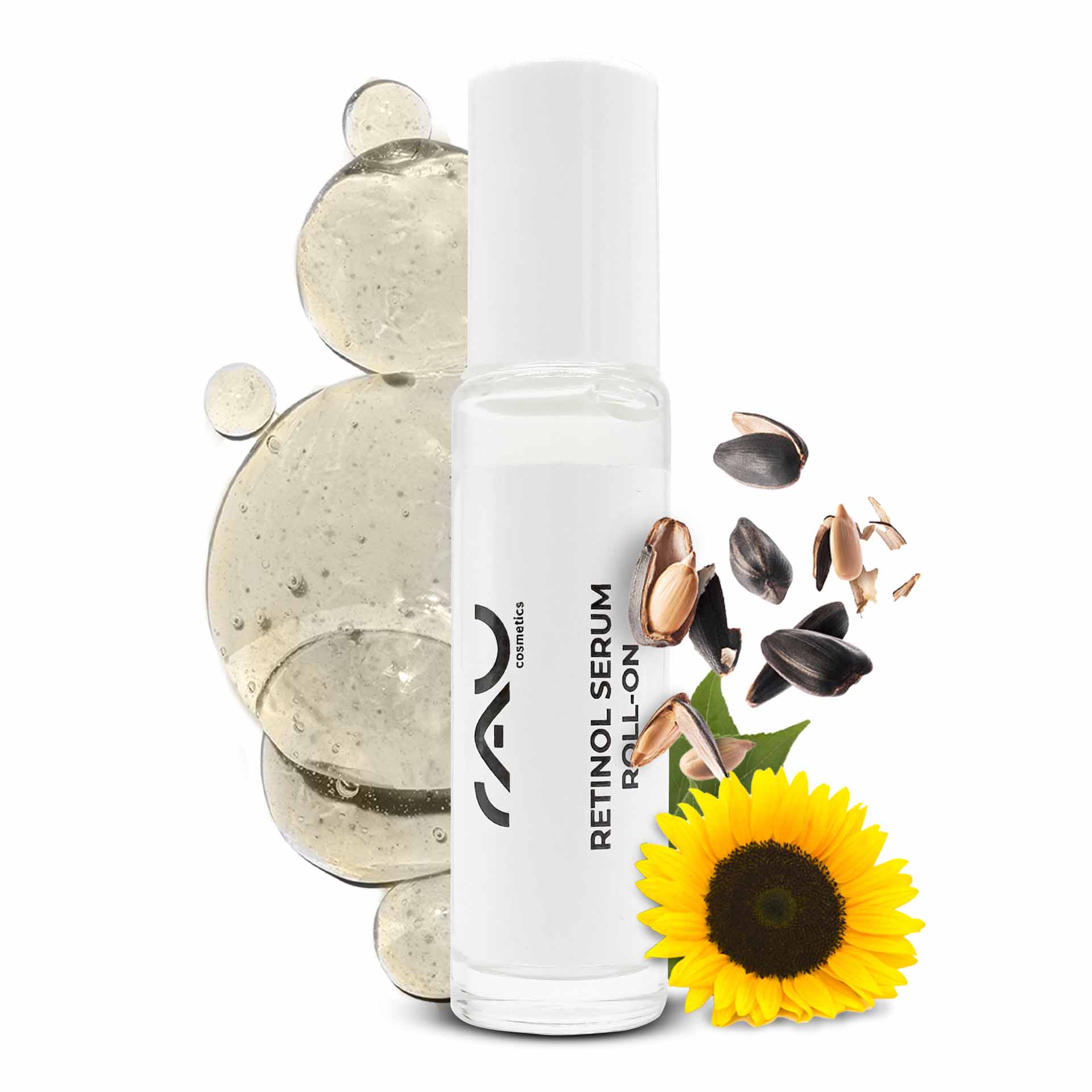 Retinol Serum Roll-On 10 ml - Sérum à la vitamine A pour peaux sèches et matures Retinol Serum Roll-On von RAU Cosmetics mit Sonnenblumenkernen und -samen, mit gelartiger Textur, entwickelt zur Verbesserung der Hautelastizität und Feuchtigkeitsversorgung.