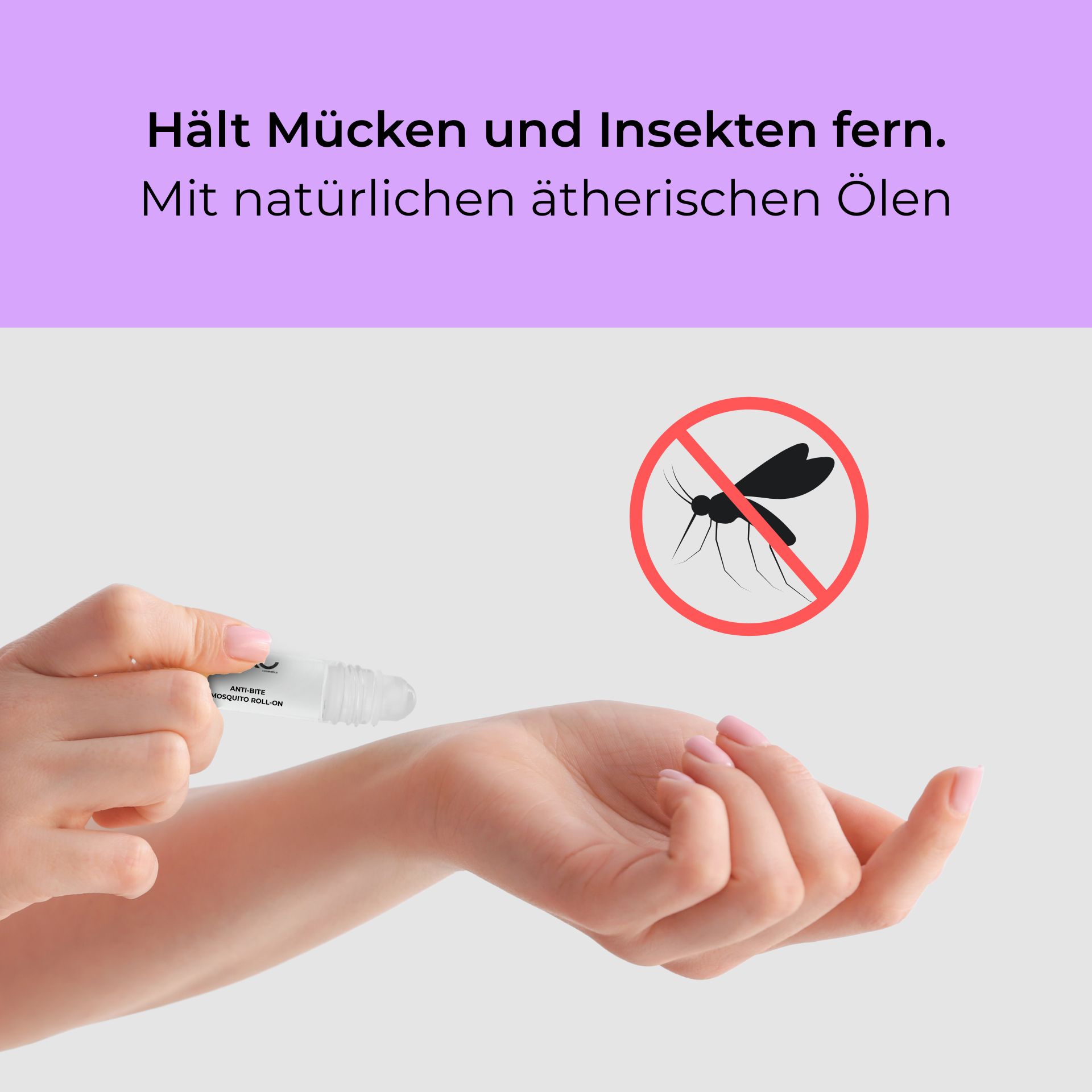 Anti Bite Mosquito Roll-On 10 ml - Naturellement contre les piqûres de moustiques & Co. Anti-Bite-Mosquito-Roll-On zur Anwendung am Handgelenk mit natürlichen ätherischen Ölen zum Schutz vor Insekten, ohne Mückensymbol im Hintergrund.