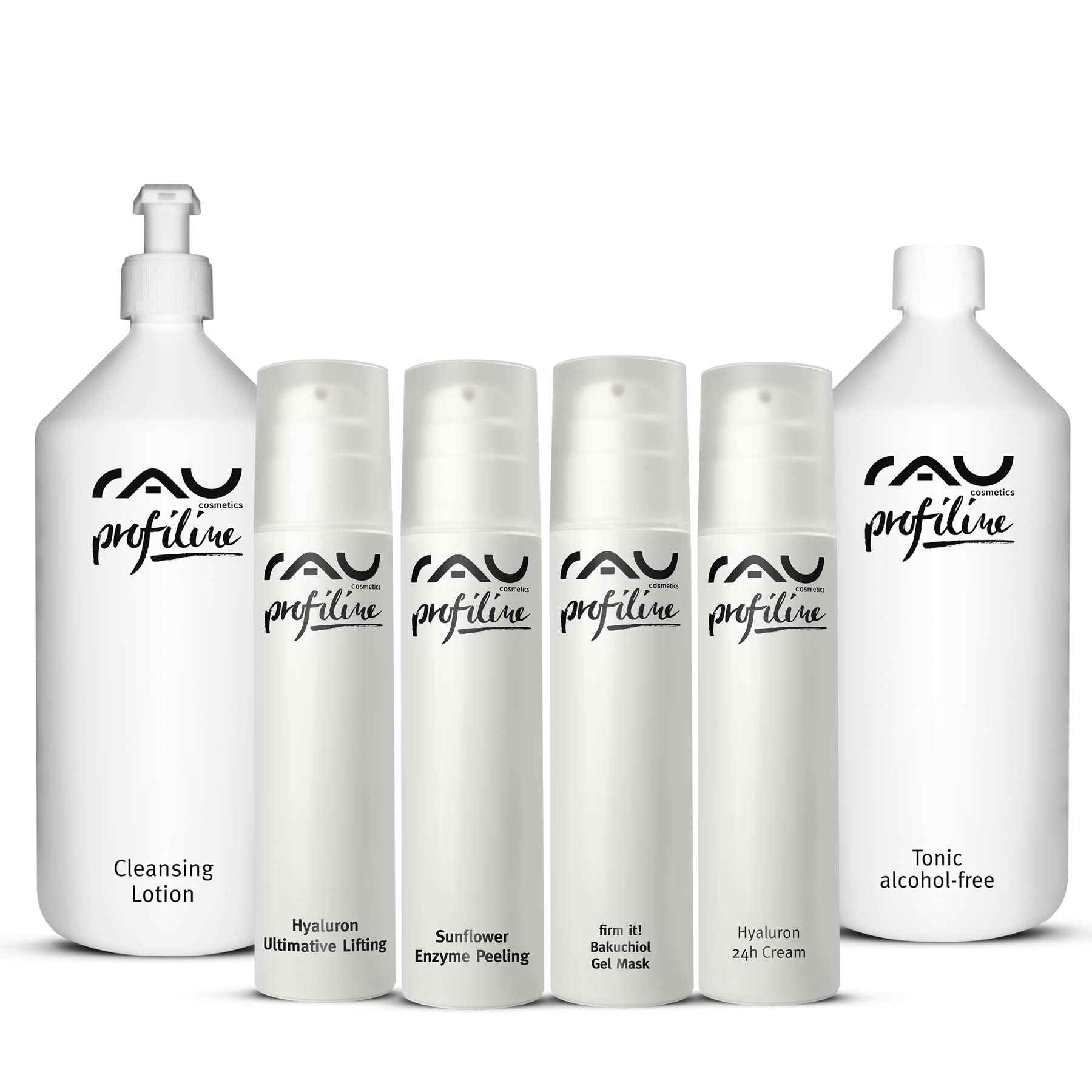 RAU_Cosmetics-profiline-feuchtigkeitsset-artikelfoto-set RAU Cosmetics Moisture Starter Set mit Reinigungslotion, Hyaluron Ultimative Lifting, Sonnenblumen-Enzym-Peeling, Bakuchiol-Gelmaske und Hyaluron 24h-Creme, entwickelt für Hautpflegeprofis und die Behandlung trockener Haut.