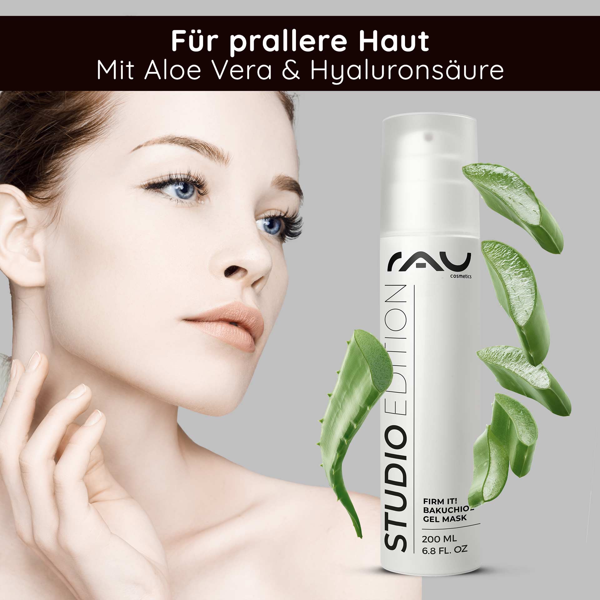 Firm it ! Bakuchiol Gel Mask 200 ml Anti-âge & Hydratation Frau mit strahlender Haut und Aloe Vera, präsentiert die RAU Firm it! Bakuchiol Gel Mask, 200 ml, für feuchtigkeitsspendende und hautstraffende Pflege.