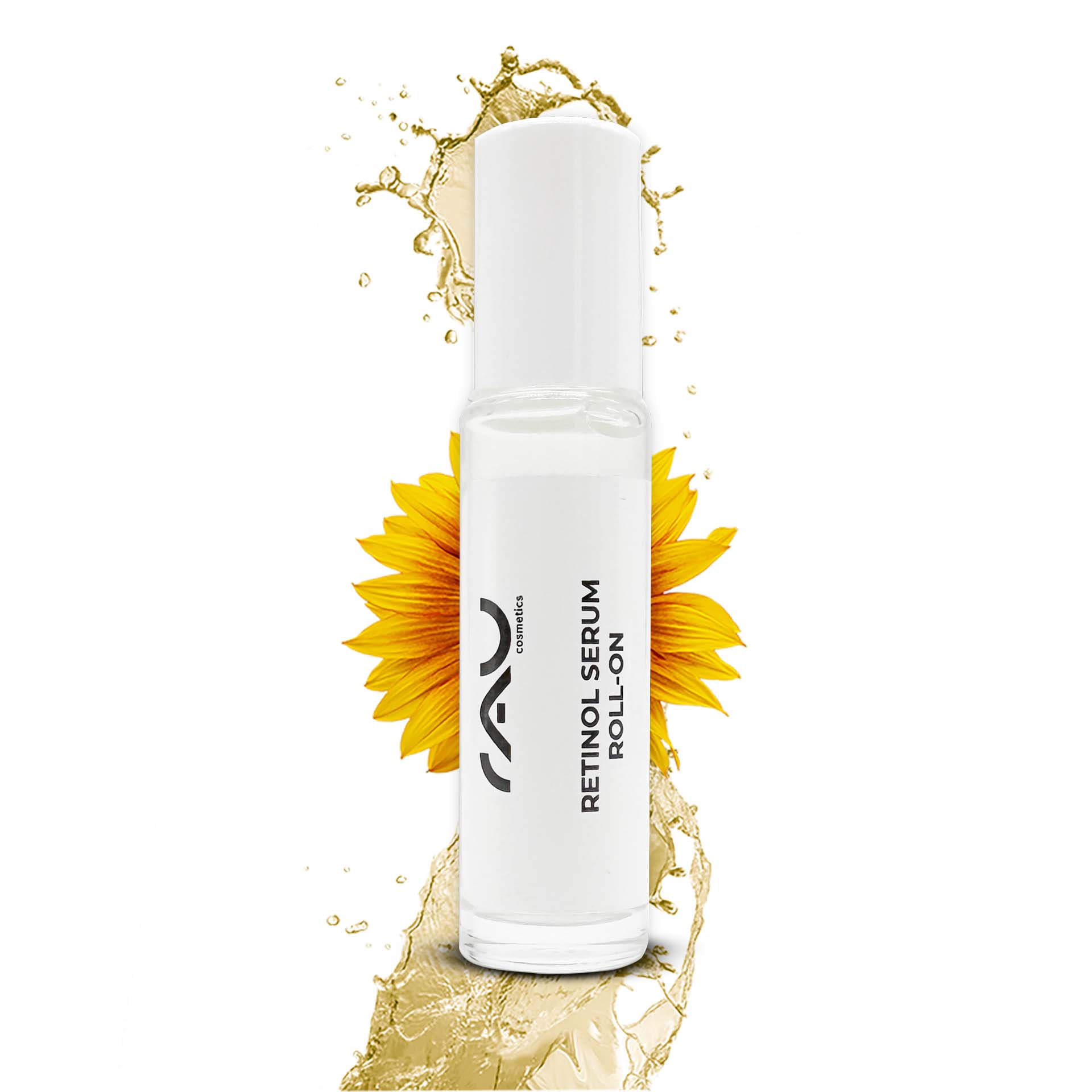 Retinol Serum Roll-On 10 ml - Sérum à la vitamine A pour peaux sèches et matures Retinol Serum Roll-On von RAU Cosmetics, mit einer durchsichtigen Flasche mit weißem Deckel, umgeben von Sonnenblumenblütenblättern und einem Spritzer Flüssigkeit, entwickelt für die Anti-Aging-Hautpflege für trockene und reife Haut.