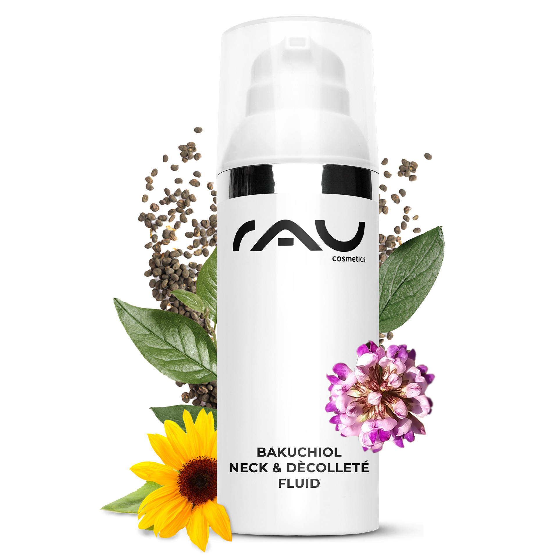 Bakuchiol Fluide pour le cou et le décolleté 50 ml Gel pour les rides du cou Kräuterig, Pflanze, Blume, Flasche, Shaker