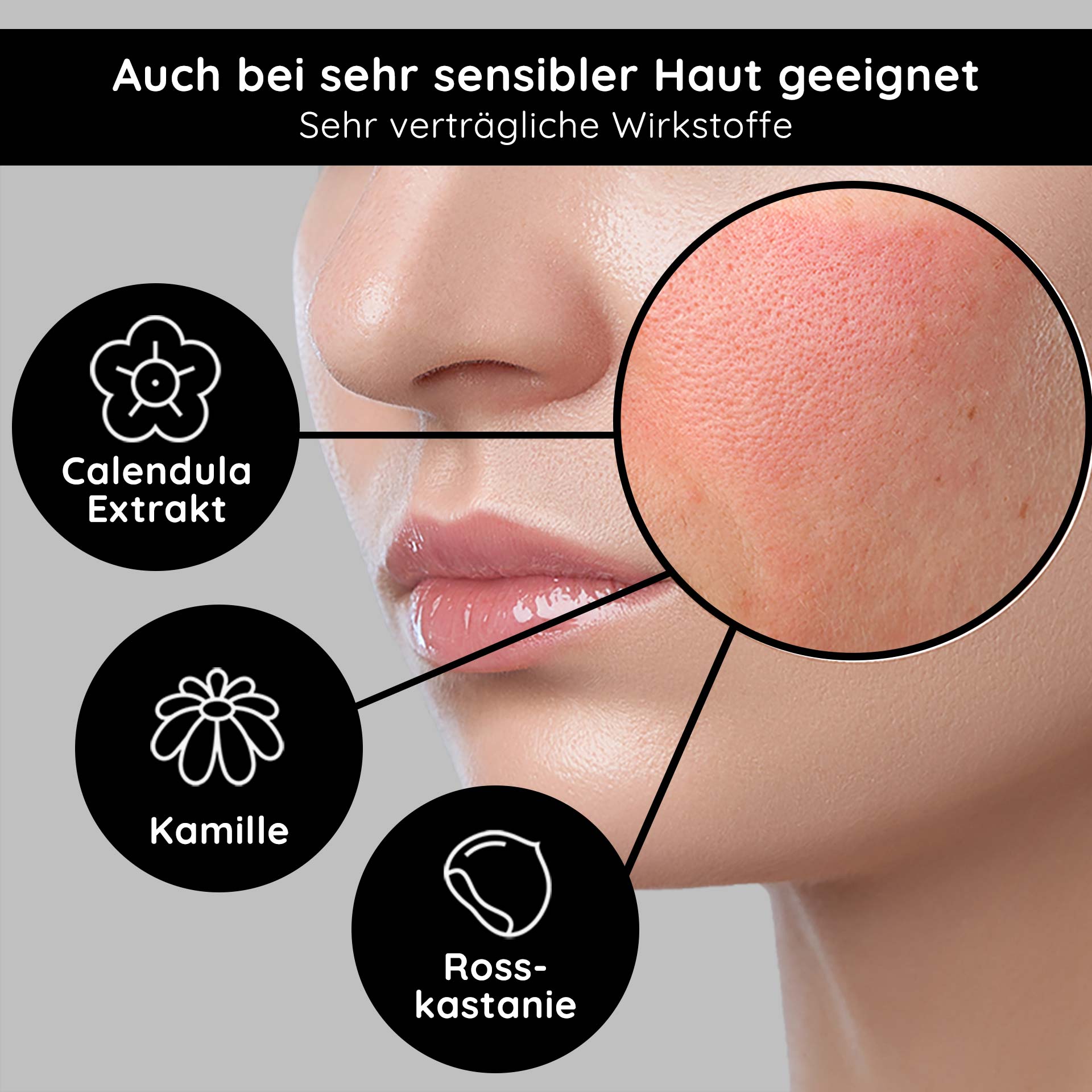 Sérum anti-rougeur Couperose 50 ml pour la rosacée Gesichtshaut mit sichtbaren Rötungen, hervorgehobene Inhaltsstoffe: Calendula Extrakt, Kamille, Rosskastanie, geeignet für empfindliche Haut.