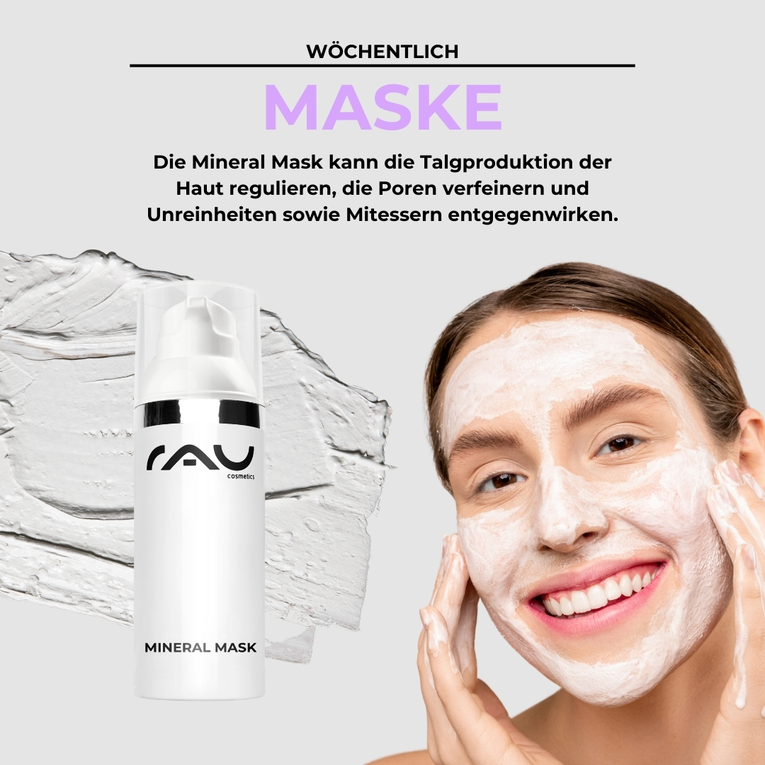 Routine de soins professionnelle pour les peaux impures et sèches Mineralmaske von RAU Cosmetics auf dem Gesicht einer lächelnden Frau aufgetragen, zeigt Hautpflege zur Regulierung der Ölproduktion und Reduzierung von Unreinheiten.