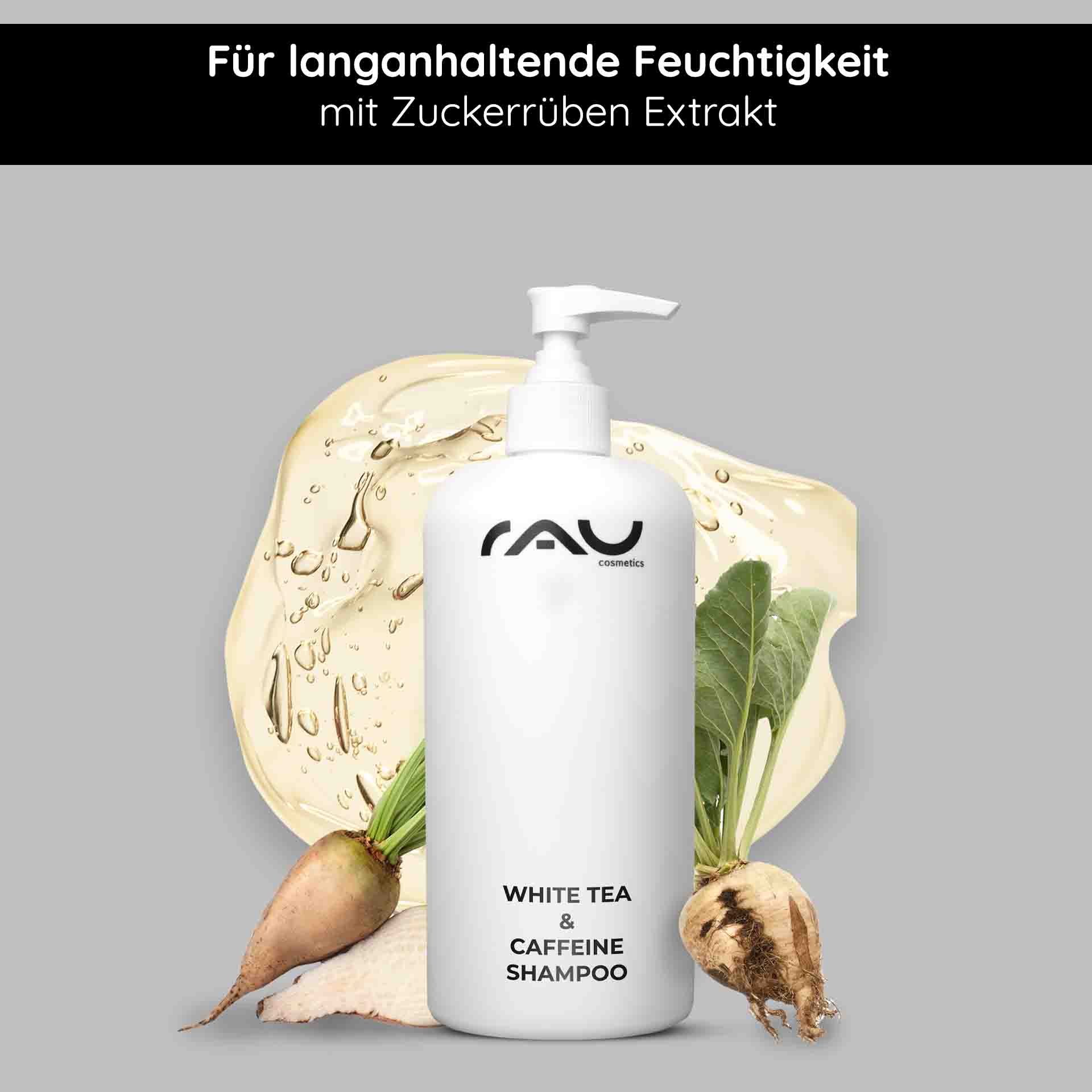 Shampooing pour cheveux au thé blanc et à la caféine 500 ml  Flasche mit White Tea & Caffeine Shampoo mit Pumpe, umgeben von Zuckerrüben- und Weißteeblättern, fördert die Feuchtigkeitsversorgung und Kopfhautpflege, ganz im Sinne des Fokus von RAU Cosmetics auf wirksame Lösungen für die Haargesundheit.