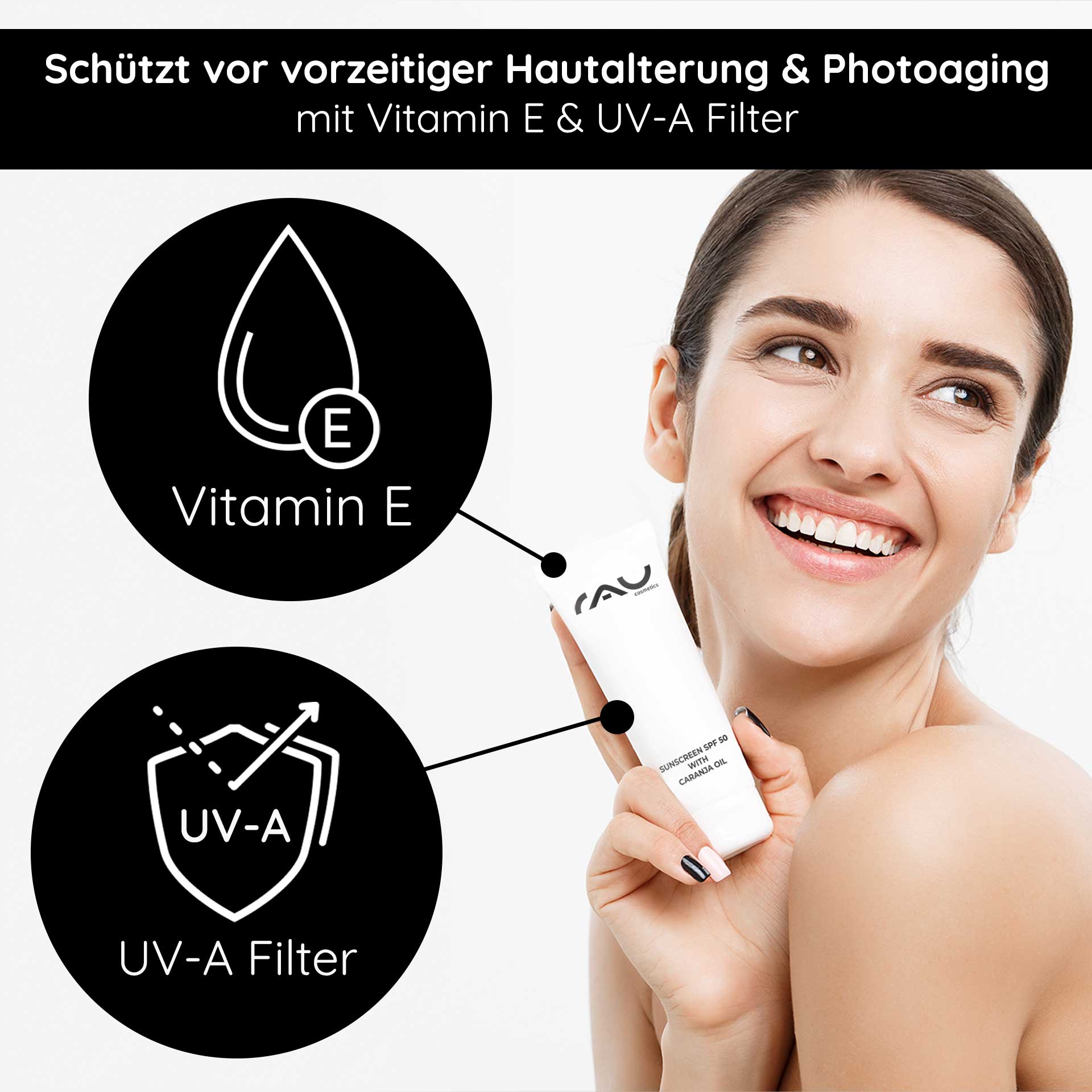 Sunscreen SPF 50 with Bio-Karanja Oil 75 ml - Protection solaire Sonnenschutzprodukt mit Lichtschutzfaktor 50, Vitamin E und UV-A-Filter, gehalten von einer lächelnden Frau, die die Vorteile der Anti-Aging-Hautpflege demonstriert.