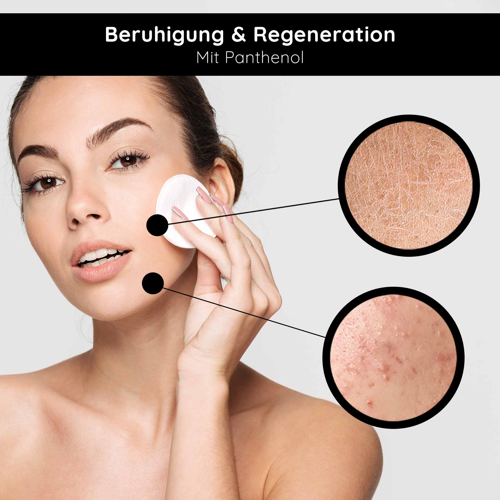 Retinol Serum Roll-On 10 ml - Sérum à la vitamine A pour peaux sèches et matures Frau mit Wattepad auf dem Gesicht, Anwendung von Hautpflege mit Panthenol, Hautverfeinerung und Regeneration, betonte Hautunreinheiten und trockene Stellen.