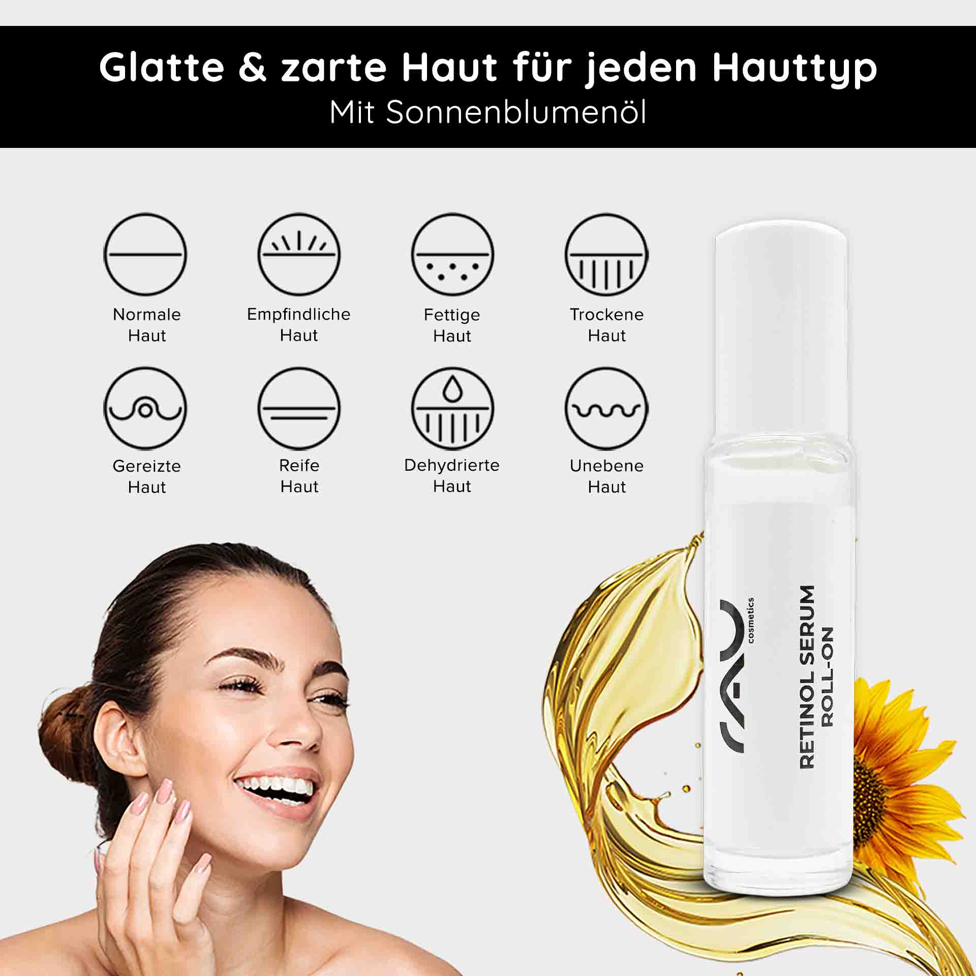 Retinol Serum Roll-On 10 ml - Sérum à la vitamine A pour peaux sèches et matures