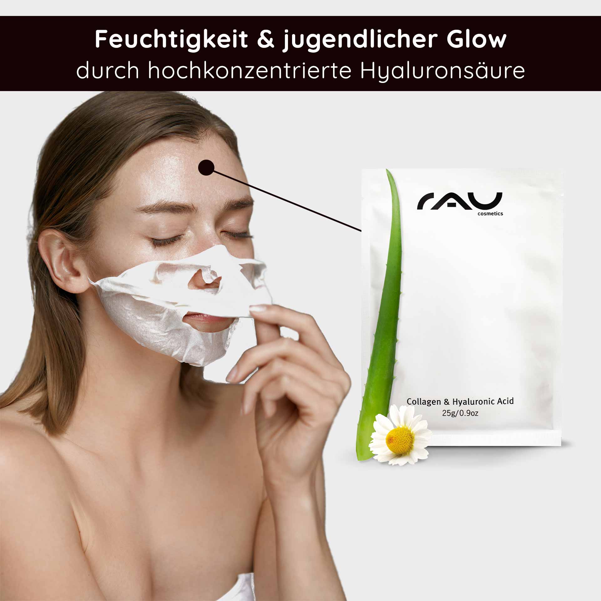 Collagen & Hyaluronic Acid Mask Masque en non-tissé avec panthénol Frau mit Vliesmaske aus Collagen und Hyaluronsäure, die Feuchtigkeit und jugendlichen Glow fördert, Produktverpackung von RAU Cosmetics neben ihr.