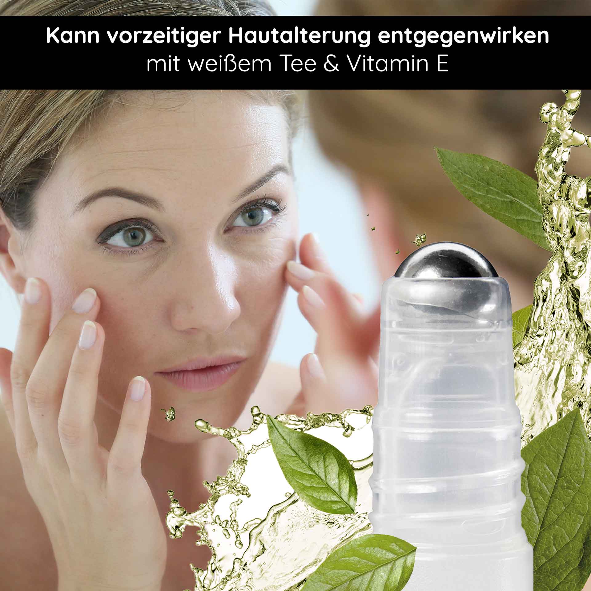 White Tea Express Lift Roll On Sérum anti-âge en roll-on Frau mit Roll-On-Applikator, der White Tea Express Lift Serum auf die Haut aufträgt, um vorzeitiger Hautalterung entgegenzuwirken, umgeben von grünen Blättern und Flüssigkeitselementen.