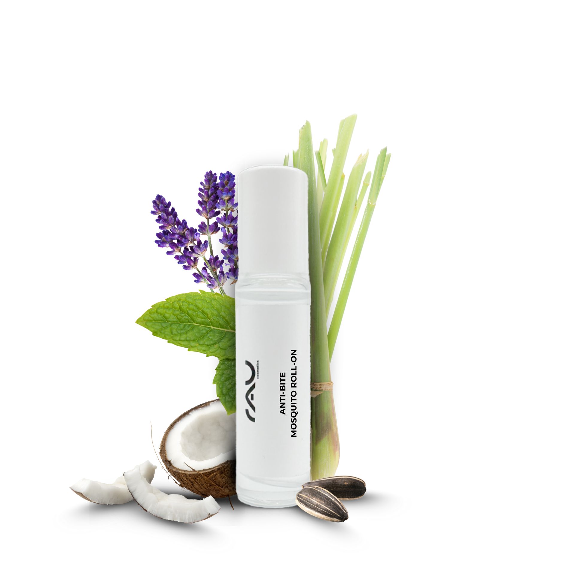 Anti Bite Mosquito Roll-On 10 ml - Naturellement contre les piqûres de moustiques & Co. RAU Cosmetics Anti Bite Mosquito Roll-On 10 ml mit natürlichen Inhaltsstoffen wie Zitronengras, Lavendel und Minze, umgeben von Kokosnuss- und Sonnenblumenkernen, zur Linderung von Insektenstichen und zur Hautpflege.