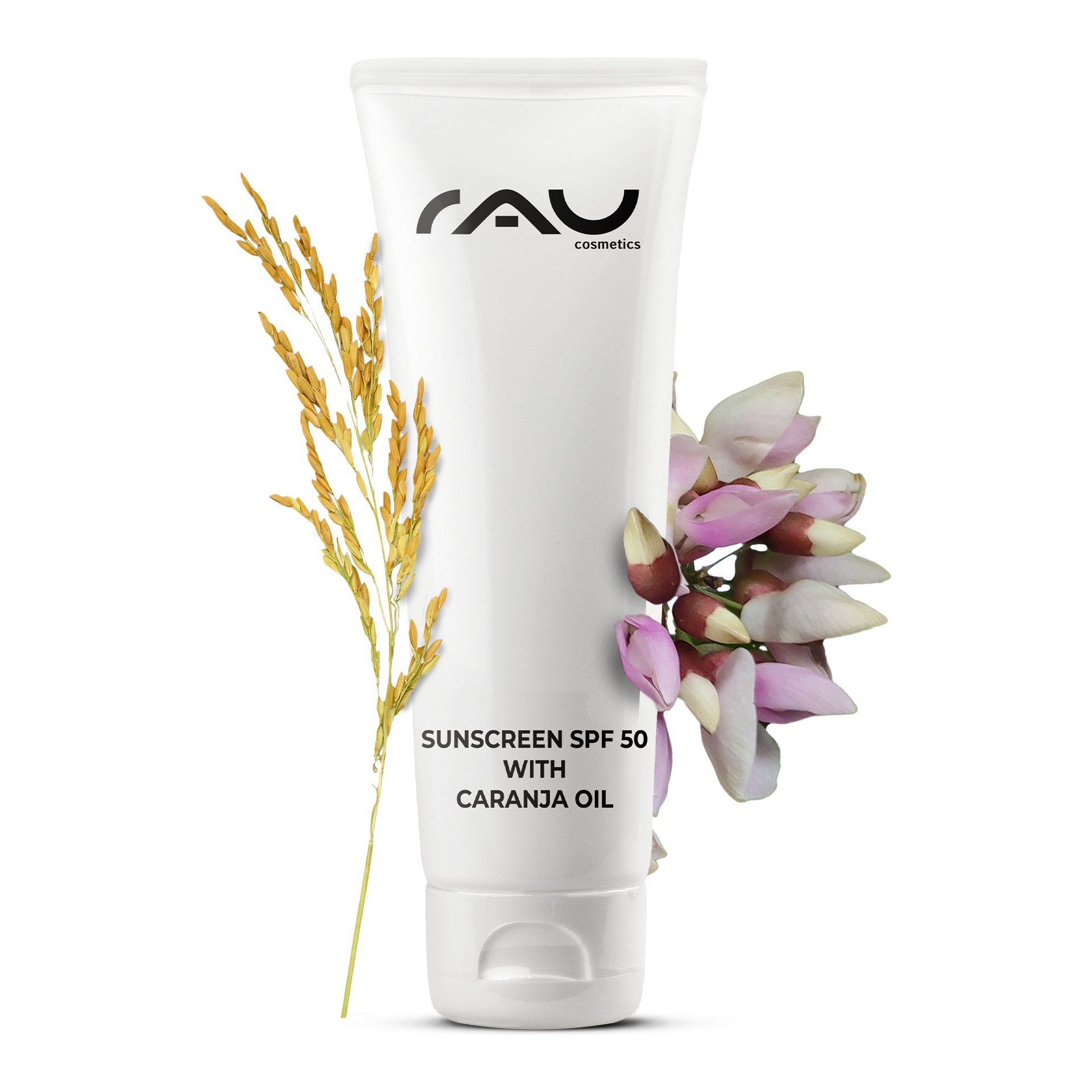 Sunscreen SPF 50 with Bio-Karanja Oil 75 ml - Protection solaire Sonnenschutzmittel LSF 50 mit Caranja-Öl in einer weißen Tube, umgeben von botanischen Elementen und mit dem RAU Cosmetics-Branding.