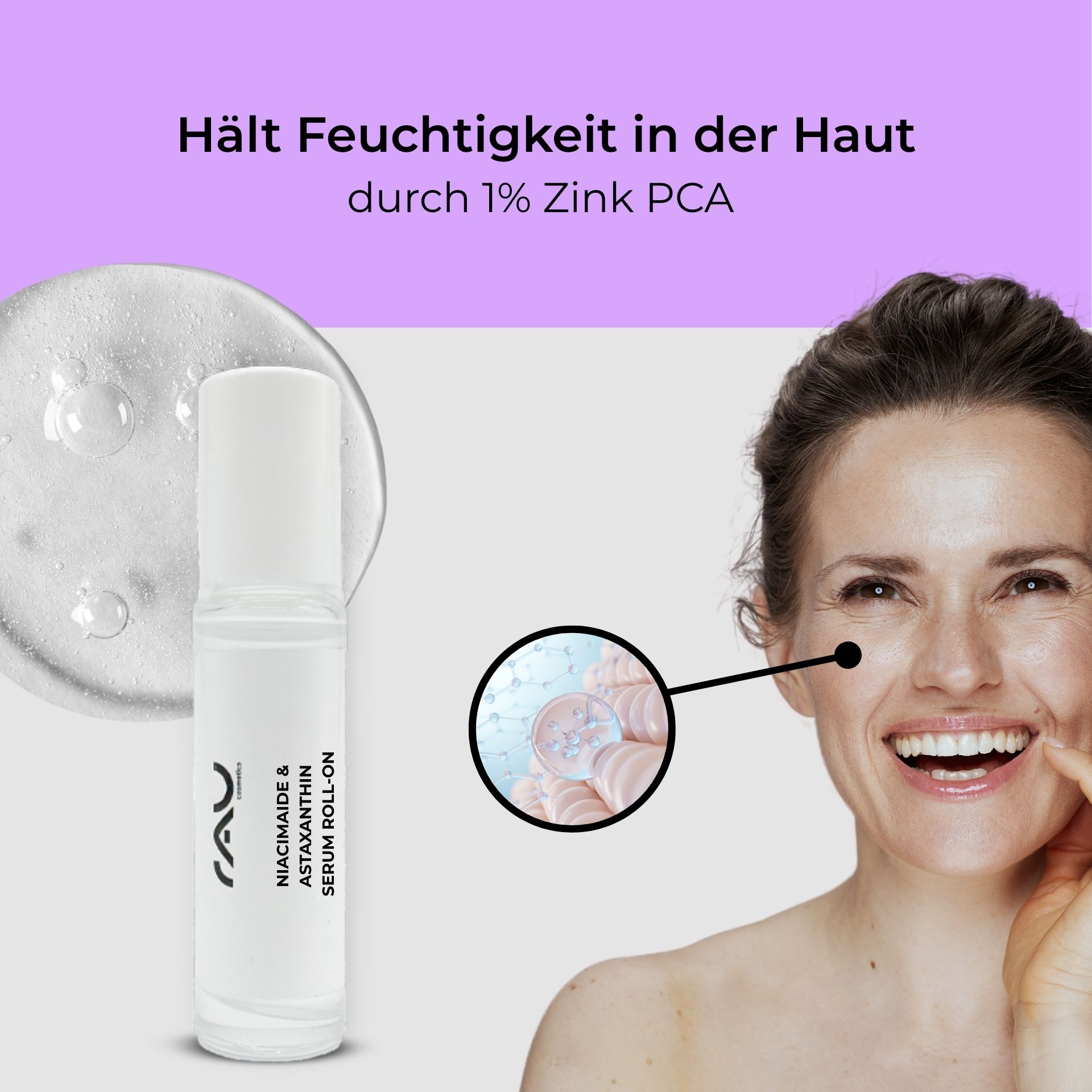 Niacinamide & Astaxanthine Sérum à bille 10 ml RAU Niacinamide & Astaxanthin Serum Roll-On mit einer lächelnden Frau, die die Vorteile der Hautfeuchtigkeit und 1 % Zink-PCA demonstriert, mit einer Nahaufnahme der Hautzellen und der Feuchtigkeitsspeicherung.