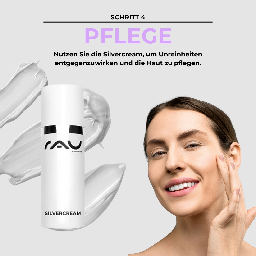 Routine de soins professionnelle pour les peaux impures et sèches Pflegeprodukt für unreine Haut, RAU Silvercream mit Anwendungshinweis, lächelnde Frau, die die Creme aufträgt.