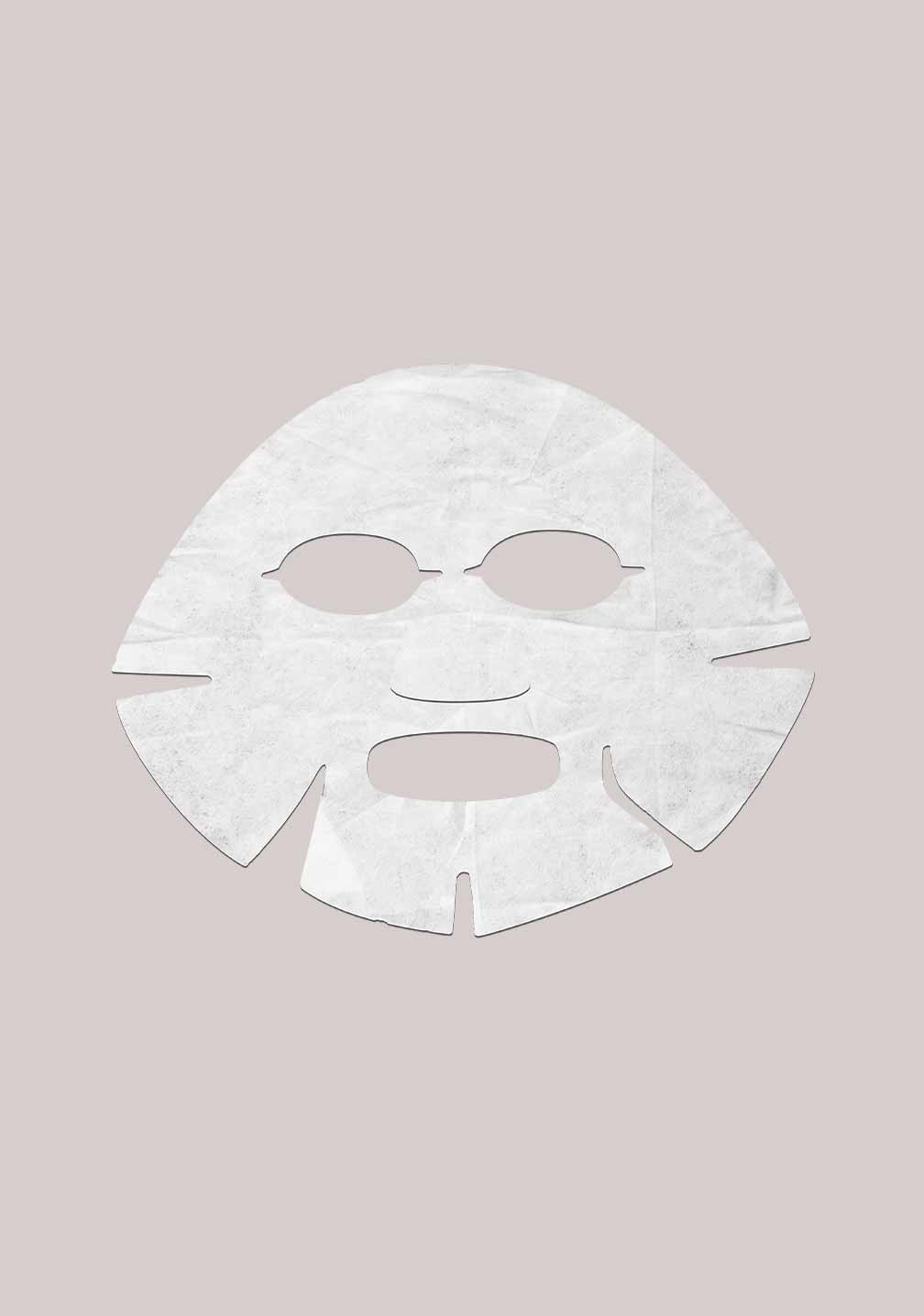Weißer Hautpflege-Gesichtsmasken-Cut-Out mit Augen- und Mundausschnitten für RAU Cosmetics.