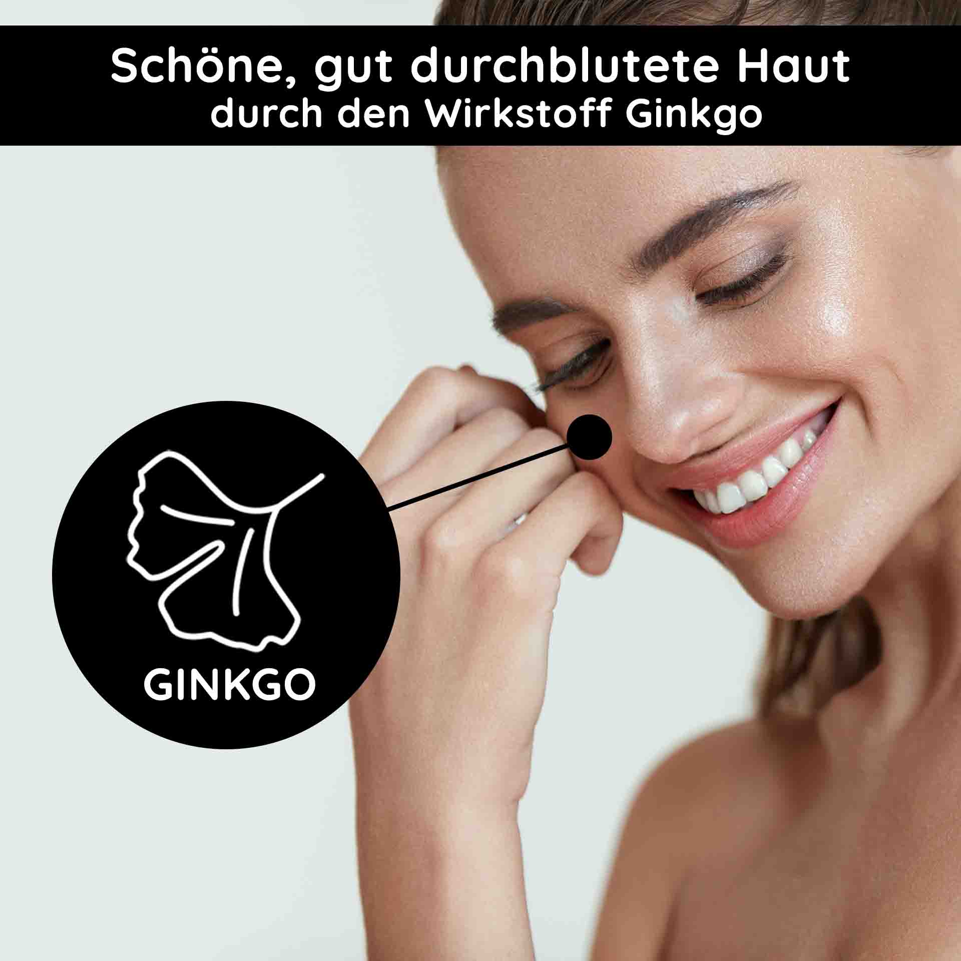 O2 Moist Fluid 50 ml Crème de jour pour le teint terne Frau mit strahlendem Teint, die Ginkgo-Extrakt auf die Haut aufträgt, betont durch Text "Schöne, gut durchblutete Haut durch den Wirkstoff Ginkgo".