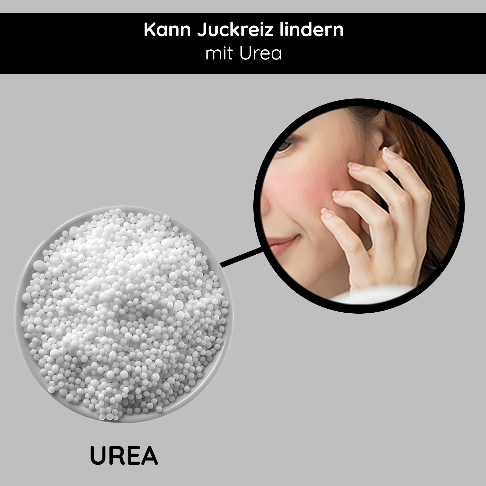 Calming & Repair Mask 200 ml Masque apaisant Harnstoff in einer Schüssel mit einer Nahaufnahme einer Frau, die ihn auf ihre Wange aufträgt und seine Vorteile bei der Linderung von Juckreiz und der Verbesserung der Hautfeuchtigkeit hervorhebt.