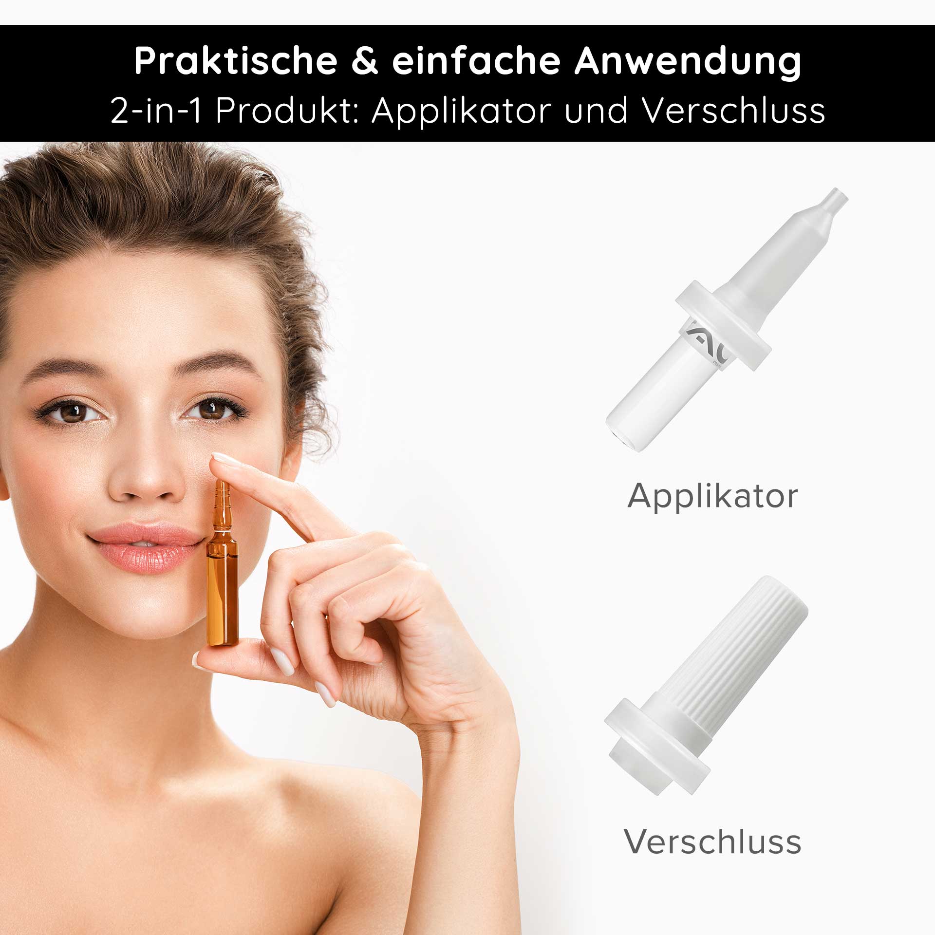 Applicateur d'ampoules 2 ml ampoules Frau mit braunen Haaren hält eine braune Ampulle und zeigt auf ihr Gesicht, 2-in-1 Applikator und Verschluss für RAU Cosmetics hochkonzentrierte Hautpflegeampullen.