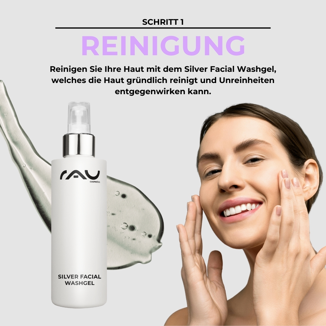Routine de soins professionnelle pour les peaux impures et sèches Frau mit fröhlichem Gesicht reinigt ihre Haut mit RAU Cosmetics Silver Facial Washgel, um trockene und unreine Haut zu behandeln.