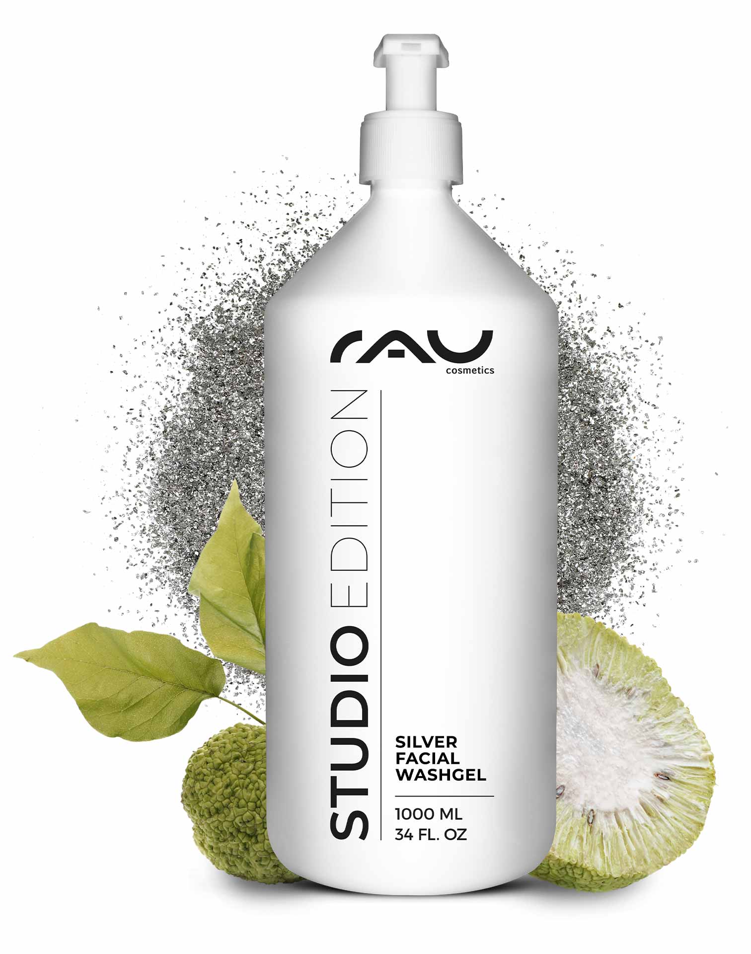 Silver Facial Washgel 1000 ml Gel nettoyant au micro-argent Flasche RAU Silver Facial Washgel 1000 ml mit Antimikrobielle Wirkung, umgeben von grünen Blättern und grafischen Elementen, für sanfte Reinigung und Hautpflege.