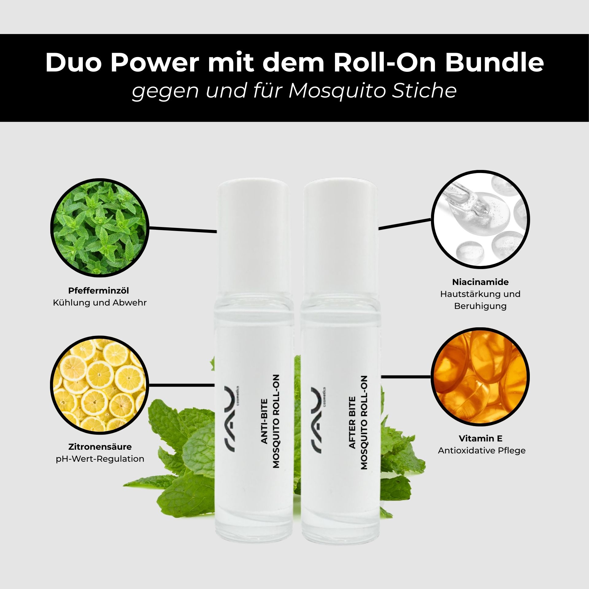 RAU Mosquito Set - Roll-On anti-piqûre & soin anti-piqûre Kräuter, Kräuterig, Minze, Flasche, Parfüm