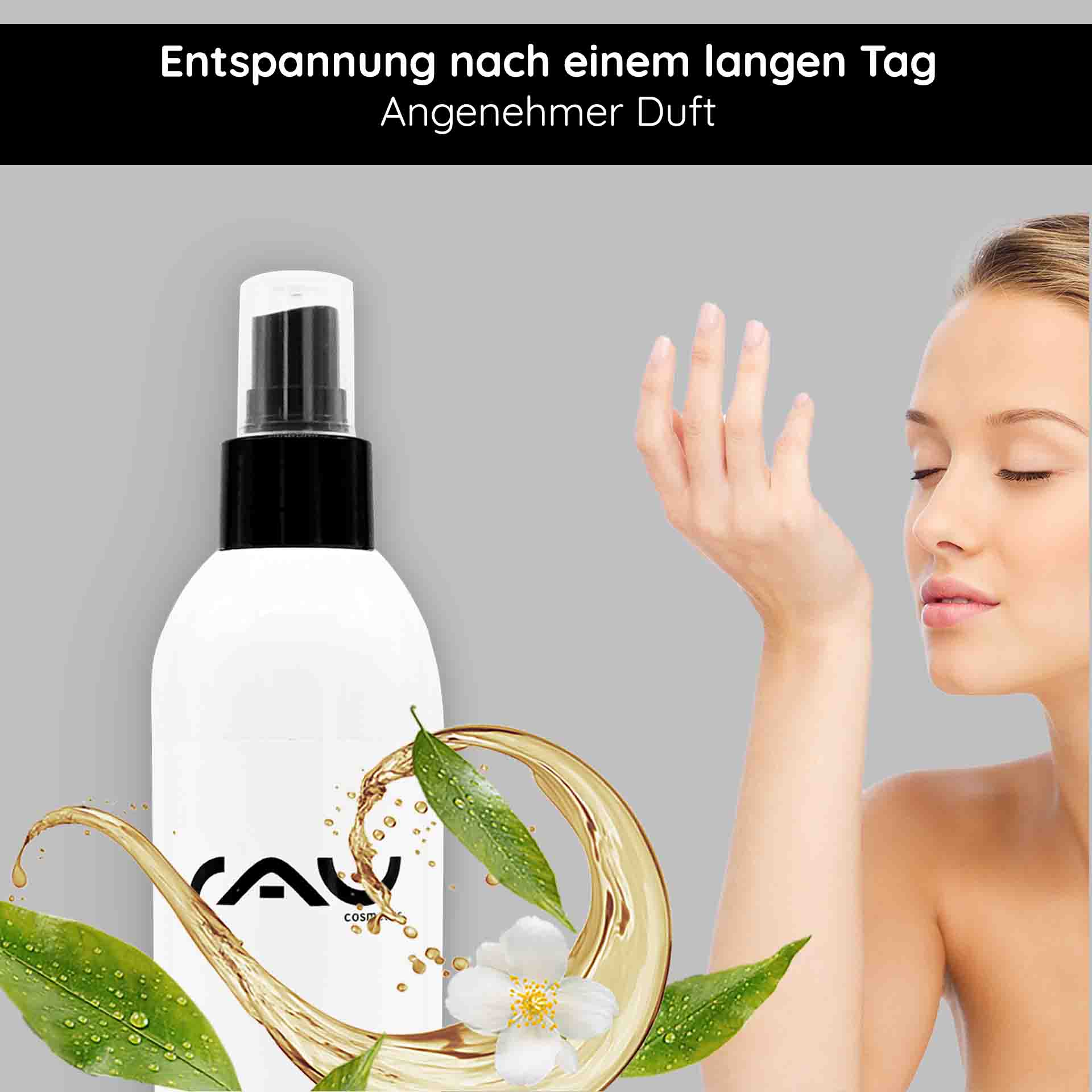 Shampooing Cheveux Thé Blanc & Caféine 250 ml Flasche White Tea & Caffeine Shampoo mit erfrischendem Zitronenduft, abgebildet ist eine Frau, die den Duft genießt und die belebende Wirkung der Haarpflege von RAU Cosmetics hervorhebt.