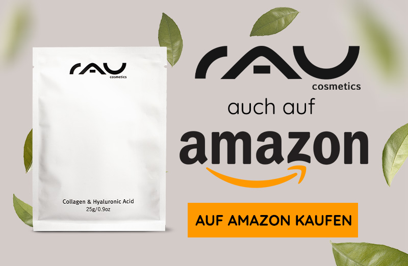 RAU Cosmetics Collagen und Hyaluronsäure Puder Verpackung mit minimalistisches Design, erhältlich auf Amazon.