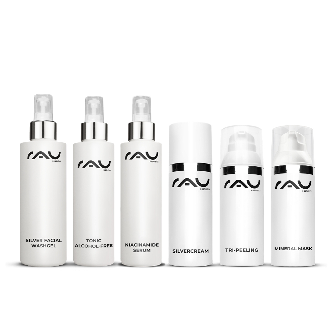 Routine de soins professionnelle pour les peaux impures et sèches Profi Pflegeroutine für unreine trockene Haut mit RAU Cosmetics Produkten: Silber Waschgel, alkoholfreies Tonic, Niacinamid Serum, Silbercreme, Tri-Peeling und Mineralmaske.