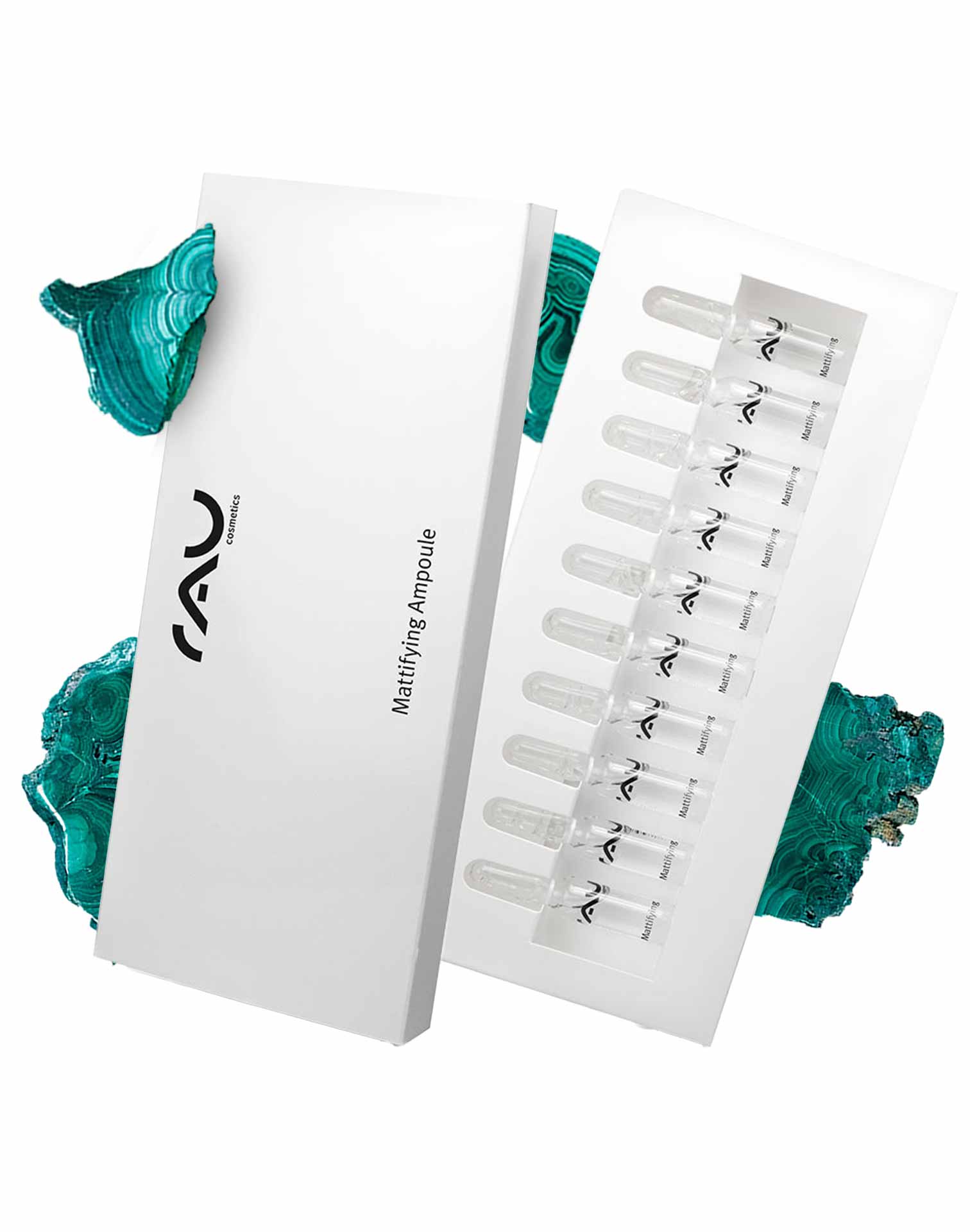 Ampoules matifiantes 10x2 ml Matifiant à la pistache sauvage Mattierende Ampullen von RAU Cosmetics in einer eleganten weißen Verpackung mit durchsichtigen Glasfläschchen, die hochwertige Hautpflegelösungen hervorheben.