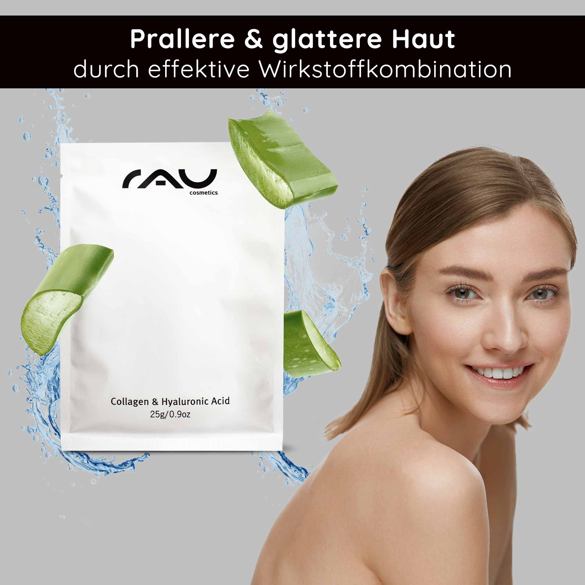 Collagen & Hyaluronic Acid Mask Masque en non-tissé avec panthénol Verpackung der Collagen- und Hyaluronsäure-Maske mit Aloe-Vera-Elementen und einer lächelnden Frau, die gesunde Haut präsentiert und die Anti-Aging- und Feuchtigkeitsvorteile betont.