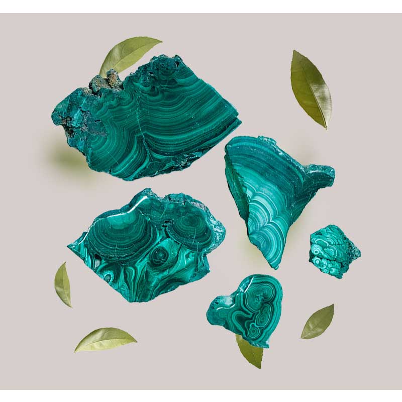 malachit-extrakt Malachitsteine in verschiedenen Formen und Größen, umgeben von grünen Blättern, symbolisieren die natürlichen Inhaltsstoffe der RAU Mattifying Ampullen für eine mattierende und porenverfeinernde Wirkung.