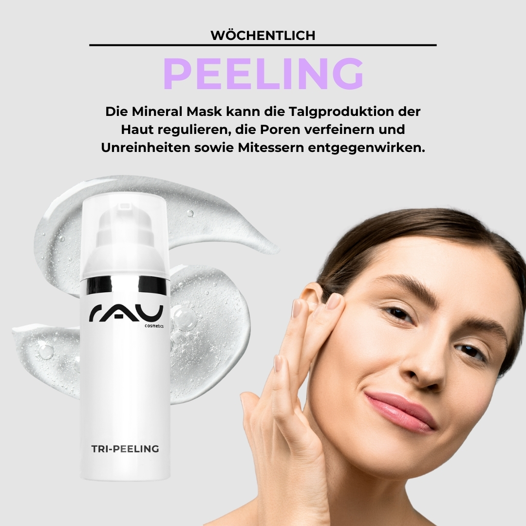 Routine de soins professionnelle pour les peaux impures et sèches Peeling Produkt von RAU Cosmetics, Frau mit glattem Teint und feuchtigkeitsspendender Textur, Anwendung zur Verbesserung unreiner trockener Haut.