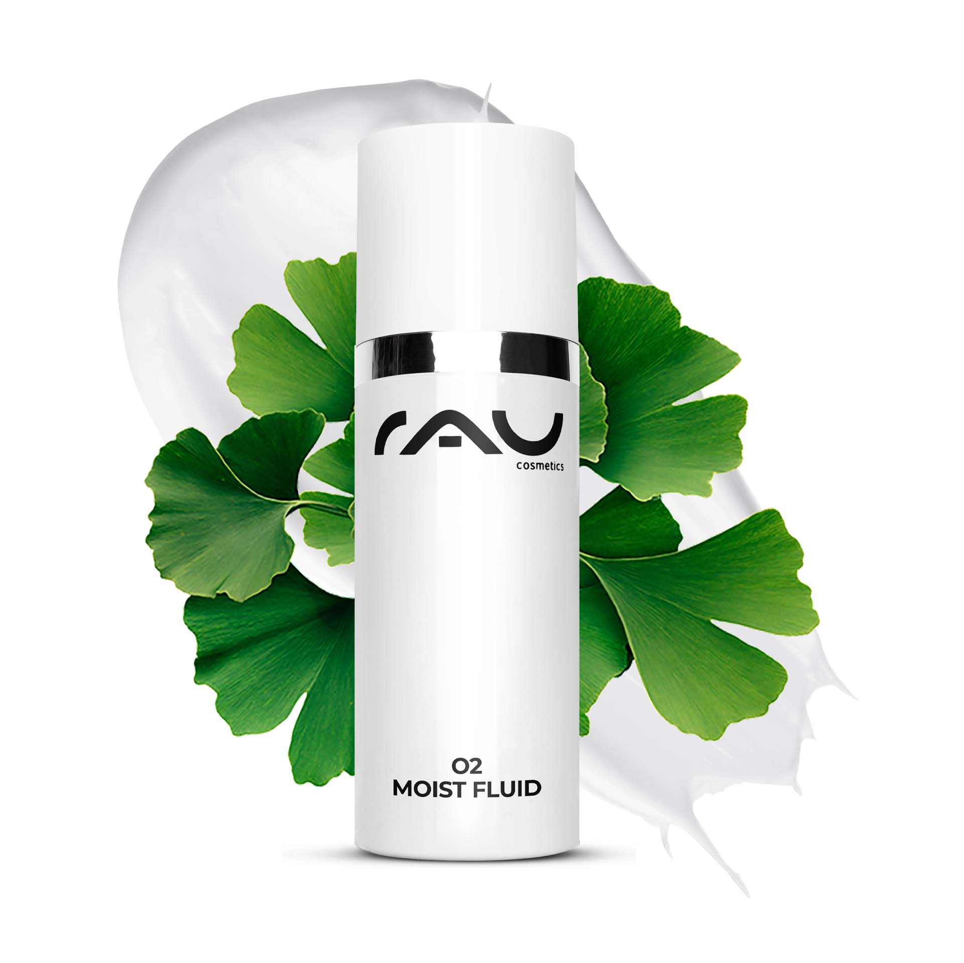 O2 Moist Fluid 50 ml Crème de jour pour le teint terne Flasche RAU O2 Moist Fluid mit Ginkgoblättern und cremefarbenem Hintergrund, die die Vorteile der Feuchtigkeitsversorgung und Hautverjüngung für trockene und reife Haut hervorhebt.