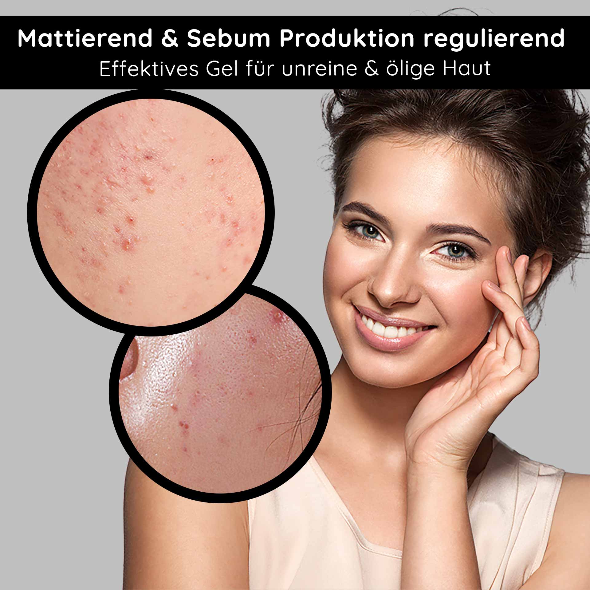 Balancing & Mattifying Gel with BHA 75 ml - Soin de nuit du visage pour les peaux impures et grasses à l'acide salicylique Mattierendes Gel für unreine und ölige Haut, Hautporen mit Unreinheiten, lächelnde Frau mit gesunder Haut, Fokus auf Hautpflege und Sebumregulation.