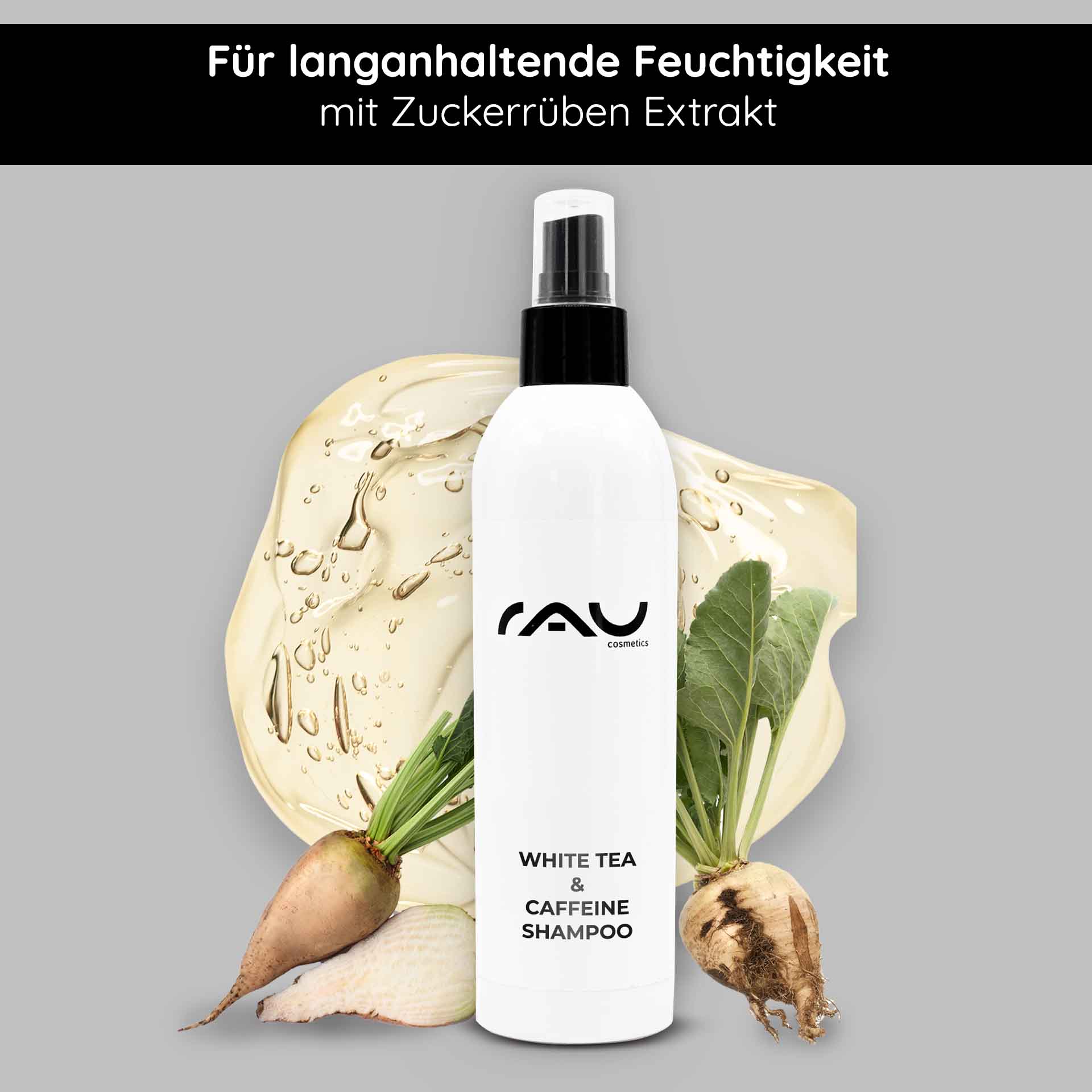 Shampooing Cheveux Thé Blanc & Caféine 250 ml Weißes Teekoffein Shampoo in einer weißen Flasche, umgeben von Zuckerrüben und einem glänzenden Flüssigkeitsakzent, für langanhaltende Feuchtigkeit und sanfte Haarpflege.