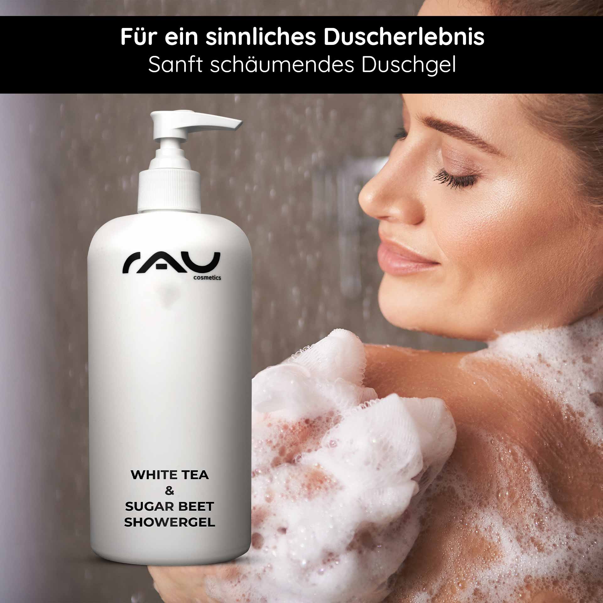 White Tea & Sugar Beet Gel douche 500 ml Gel douche Flasche von RAU Cosmetics mit White Tea & Sugar Beet Showergel, sanft schäumendes Duschgel, Anwendung auf der Haut, angenehmer Duft, für ein sinnliches Duscherlebnis.