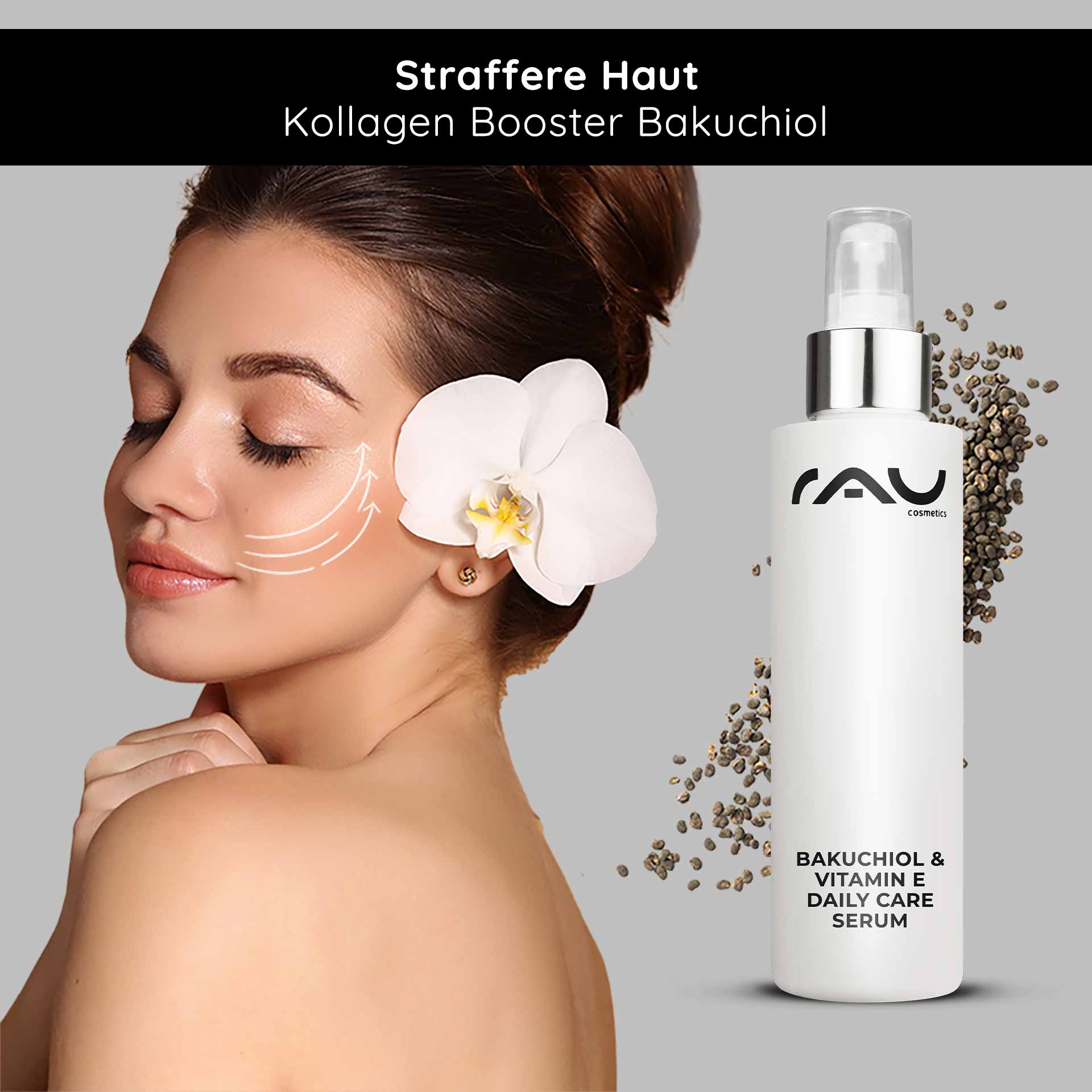 Bakuchiol & Vitamine E Sérum de soin quotidien 100 ml Anti-âge Frau mit blühendem Orchideenhaar und Bakuchiol & Vitamin E Daily Care Serum von RAU Cosmetics, zeigt Anwendungshinweise für straffere Haut und Kollagenboost.