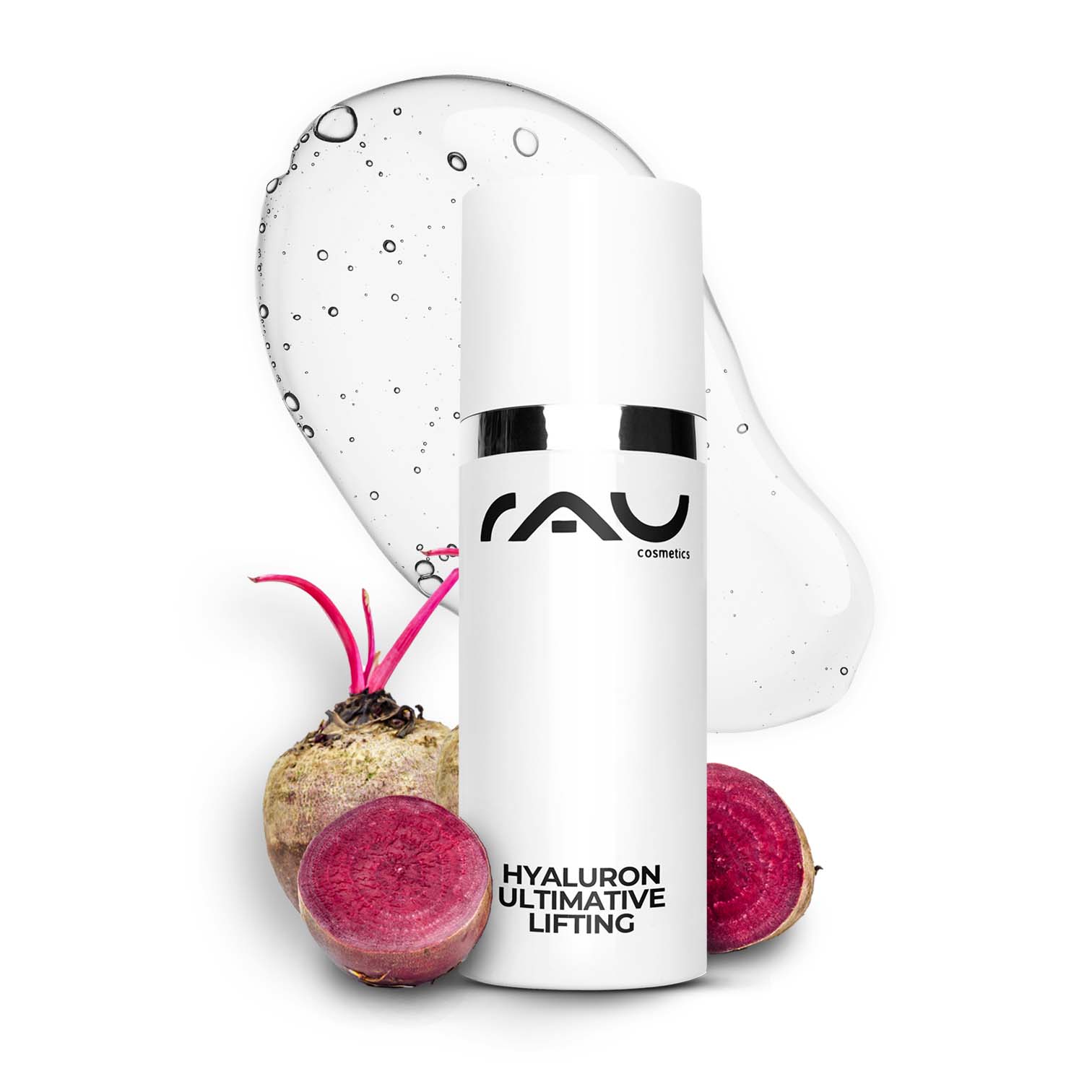 Hyaluron Ultimate Lifting 50 ml Gel lifting à l'acide hyaluronique Hyaluron Ultimative Lifting Serum von RAU Cosmetics in weißer Flasche mit silbernem Deckel, umgeben von Rüben und einem feuchtigkeitsspendenden Gel, präsentiert als Anti-Aging Lösung für trockene Haut.
