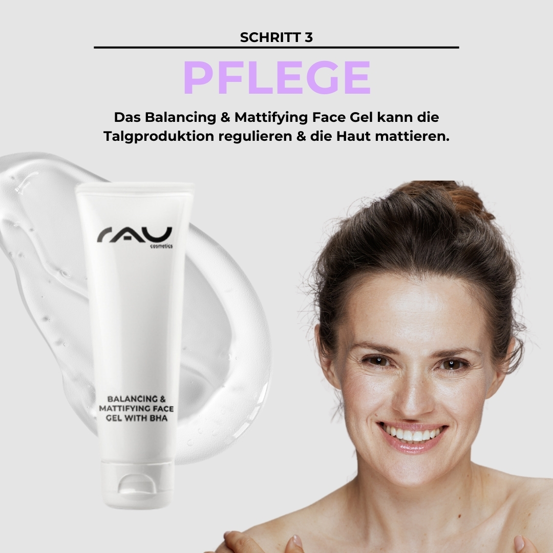 Ausgleichendes und mattierendes Gesichtsgel von RAU Cosmetics, lächelnde Frau, die ihre Hautpflegeroutine für fettige Haut vorführt, wobei die Ölregulierung und das matte Finish im Vordergrund stehen.