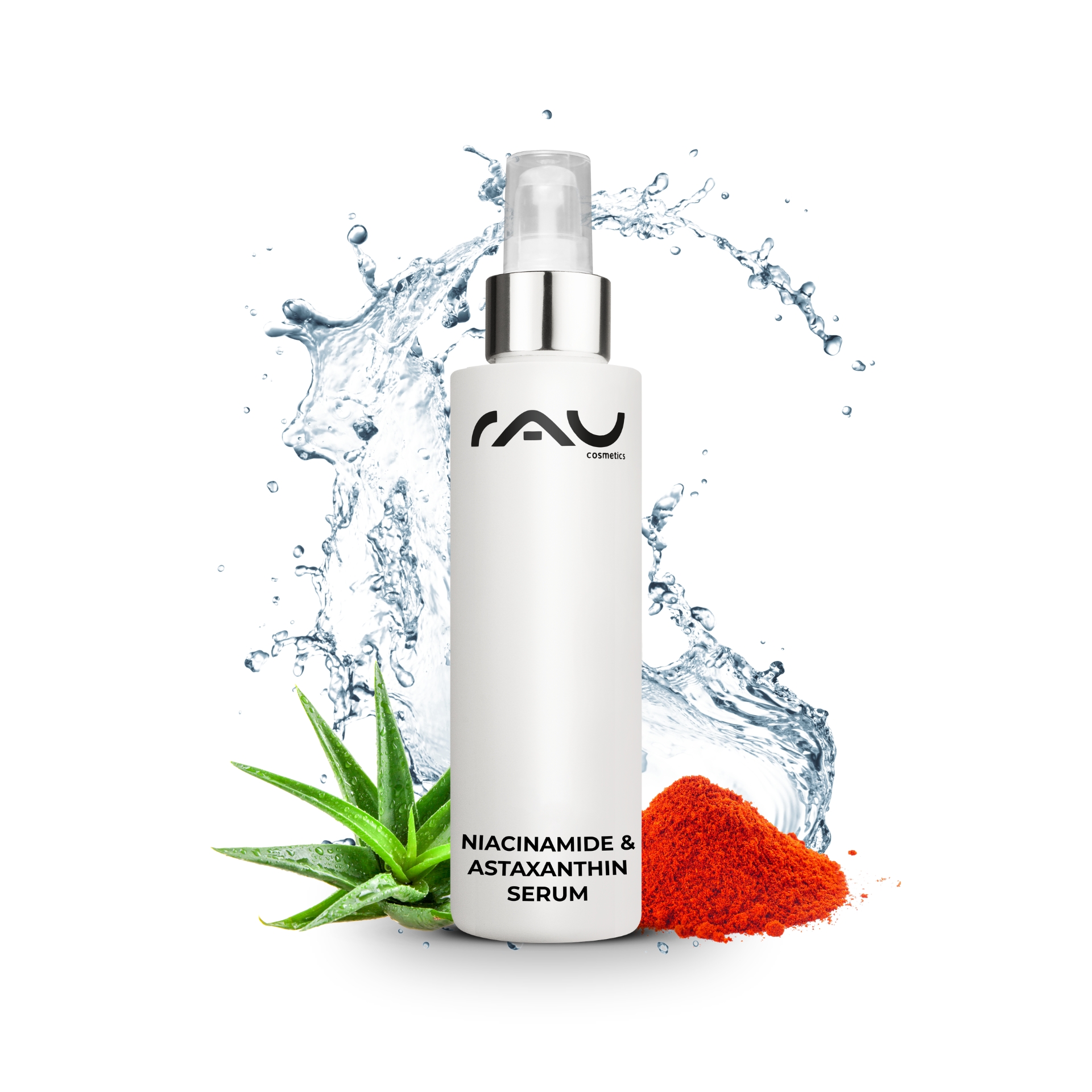 Niacinamide & Astaxanthine Sérum 100 ml avec 10% de niacinamide & 1% de zinc PCA Flasche Niacinamid- und Astaxanthin-Serum mit Aloe Vera und Astaxanthin-Pulver, umgeben von Wasserspritzern, die die feuchtigkeitsspendenden und hautverbessernden Vorteile hervorheben.