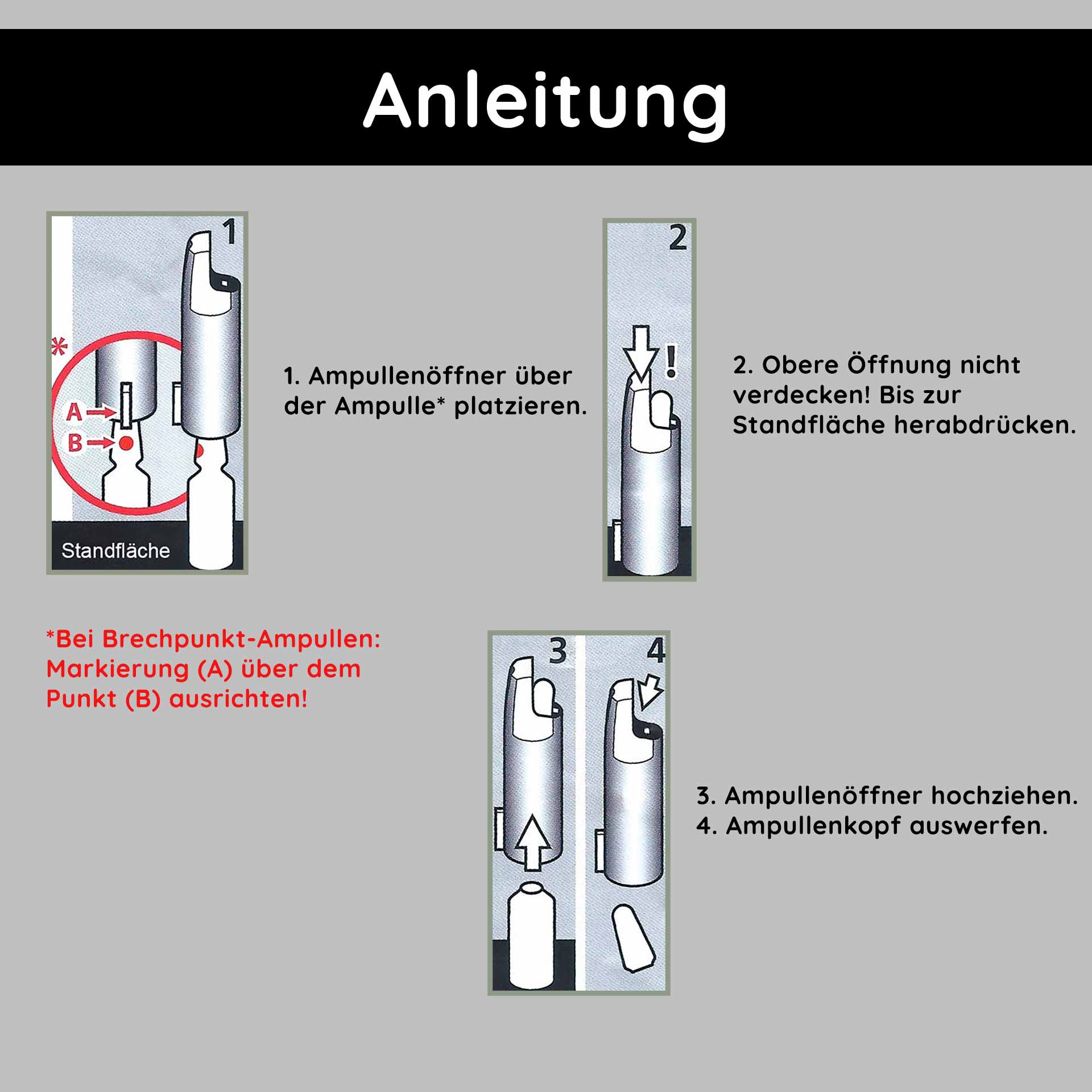 Ouvre-ampoule pour ampoules vomitives de 2 ml Ampullenöffner für 2 ml Glasampullen, Anleitung zur sicheren Anwendung, robuster Kunststoff, einfache Handhabung, minimiertes Verletzungsrisiko, Schritt-für-Schritt-Anleitung zur Öffnung von Ampullen.