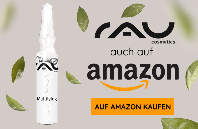 RAU Cosmetics Mattifying Ampulle im Klarglas mit grünen Blättern und Amazon-Verfügbarkeitstext.