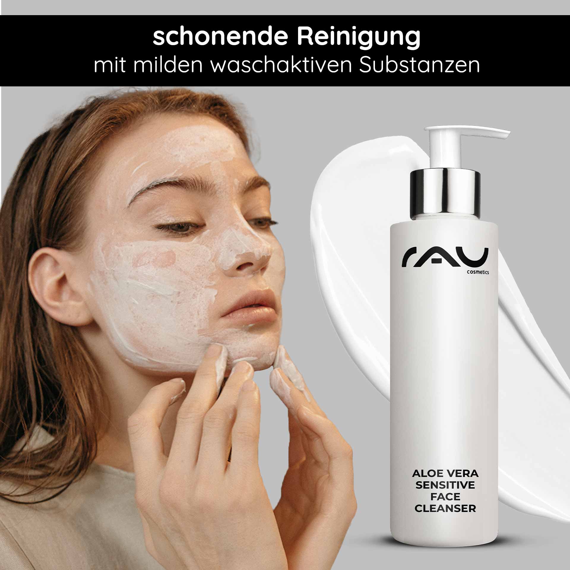 Aloe Vera Sensitive Face Cleanser 200 ml Nettoyant Frau mit Gesichtsmaske und Aloe Vera Sensitive Face Cleanser von RAU Cosmetics, sanfte Reinigung für empfindliche Haut, milde waschaktive Substanzen.