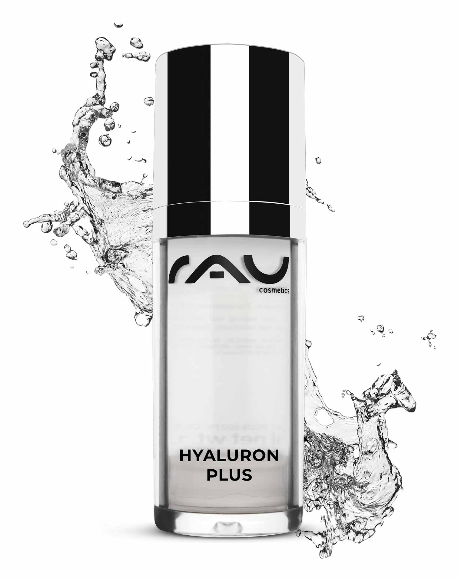 Hyaluron Plus 30 ml Gel lifting immédiat RAU Cosmetics Hyaluron Plus Serumflasche mit Splash-Effekt, die Anti-Aging-Eigenschaften und Eignung für trockene, reife Haut hervorhebt.