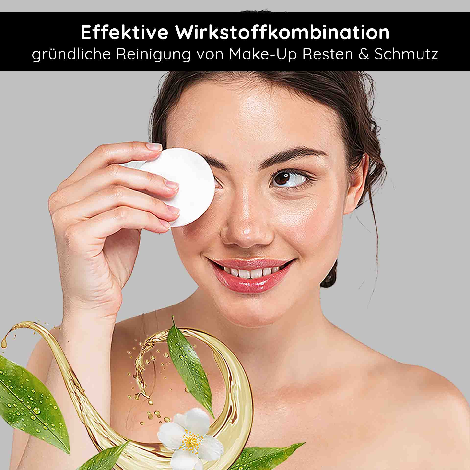 AHA Tonic 200 ml - Tonique anti-âge Frau mit Make-Up-Entferner-Pad reinigt sanft ihr Gesicht, um Make-Up-Reste und Schmutz zu entfernen, umgeben von natürlichen Extrakten und Wasser, symbolisiert sanfte Hautpflege und effektive Wirkstoffkombination.