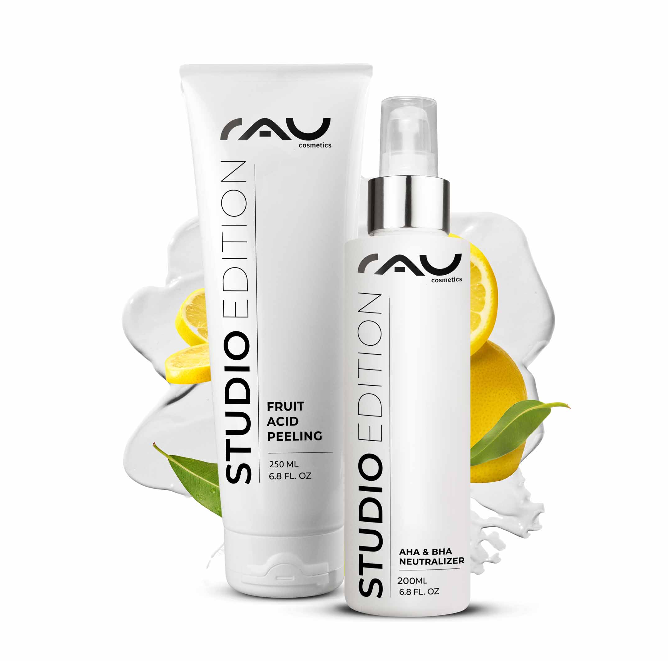 Fruit Acid Peeling 250 ml Peeling aux acides de fruits avec BHA Fruchtsäurepeeling Set von RAU Cosmetics, 250 ml und 200 ml AHA & BHA Neutralisierer, mit Zitrusfrüchten und grünen Blättern, Studio Edition.