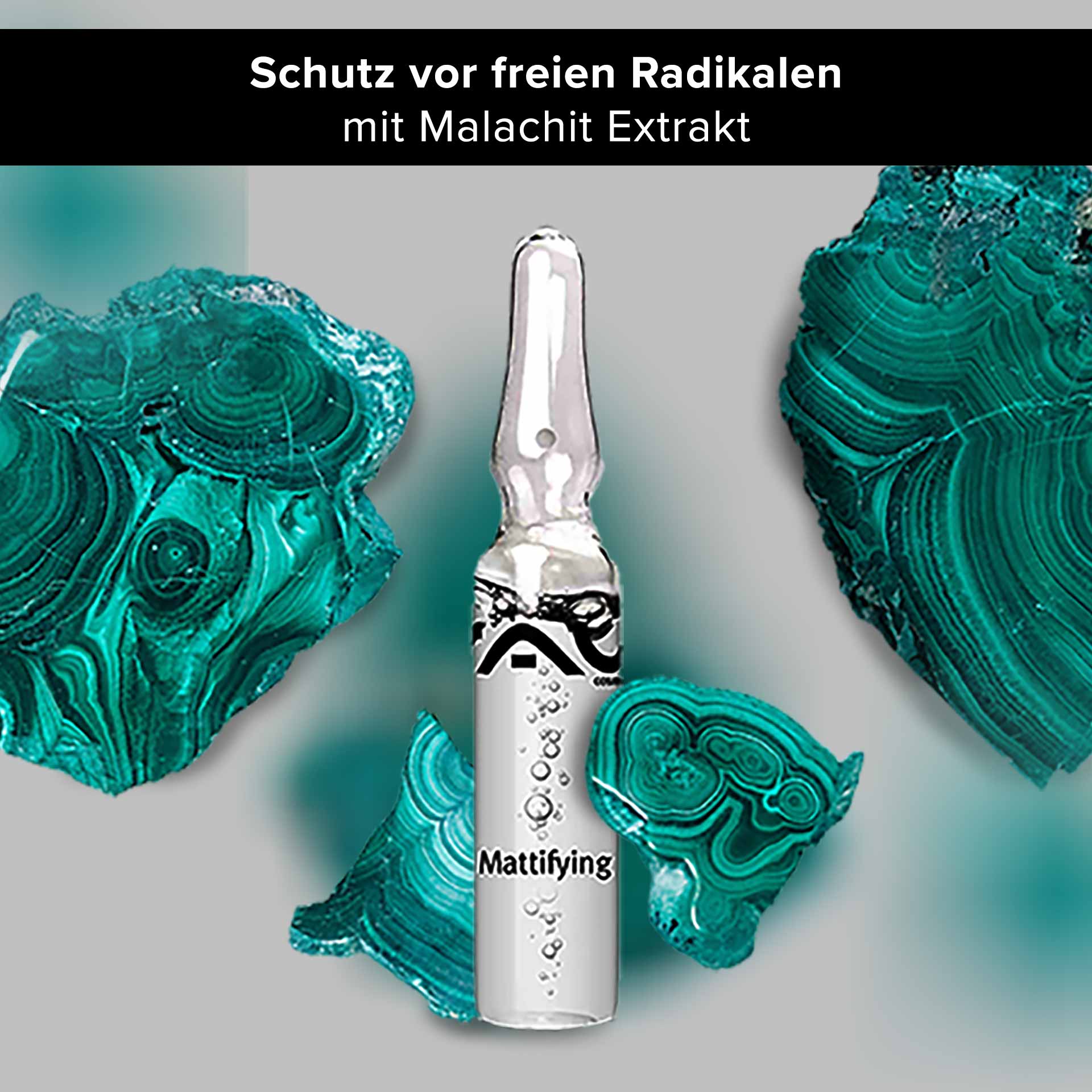 Ampoules matifiantes 10x2 ml Matifiant à la pistache sauvage Ampulle für mattierende Hautpflege mit Malachit-Extrakt, umgeben von malachitfarbenen Mineralien, betont die Vorteile gegen freie Radikale und Hautunreinheiten.